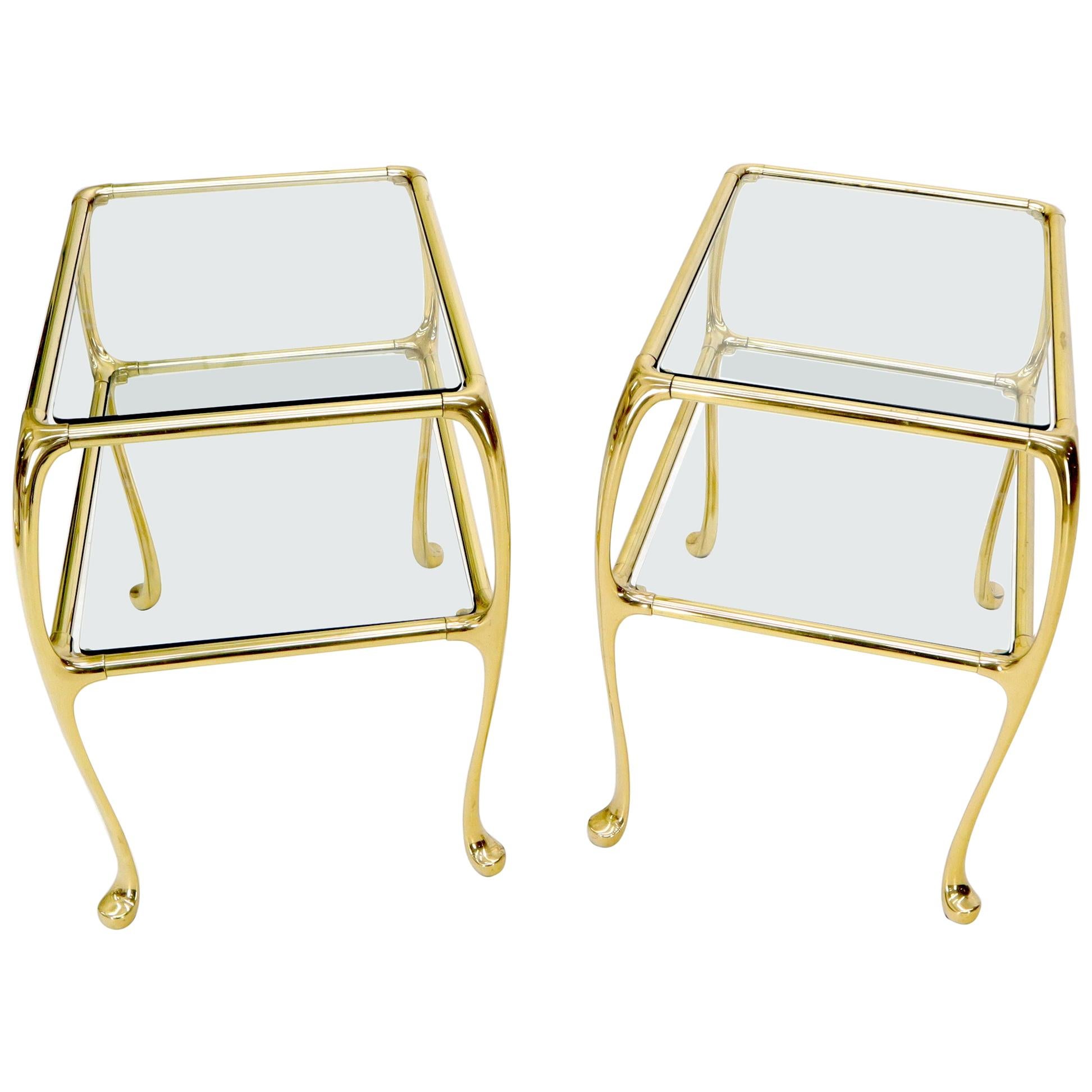 Pair of Solid Brass or Bronze Rectangular Two-Tier Glass Top Side End Tables