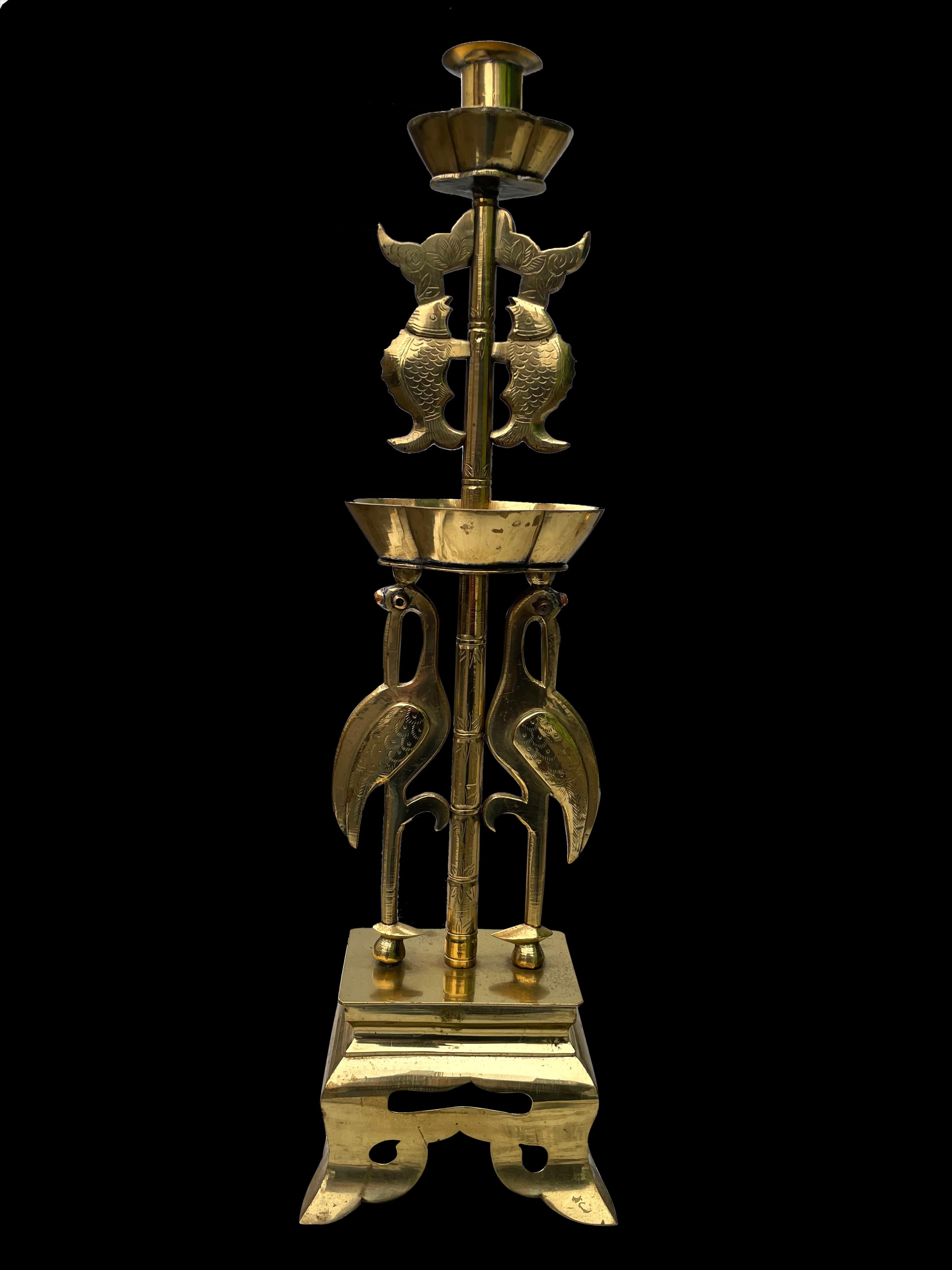 Pair of Solid Brass Oriental Arts & Crafts Style Candlesticks, 20th Century In Excellent Condition For Sale In London, GB
