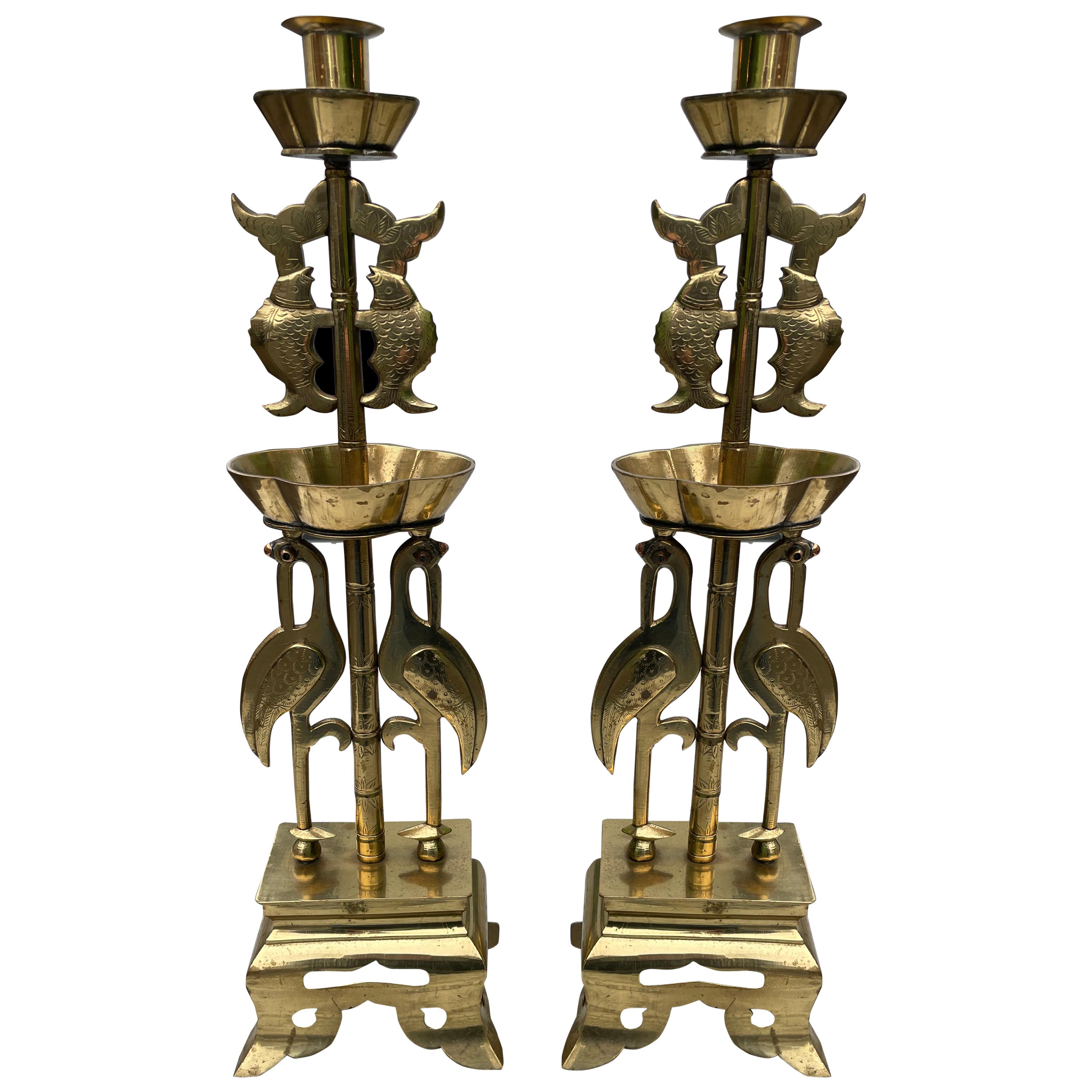 Pair of Solid Brass Oriental Arts & Crafts Style Candlesticks, 20th Century For Sale
