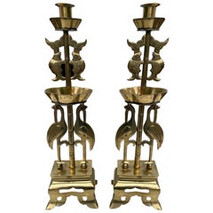 Pair of Solid Brass Oriental Arts & Crafts Style Candlesticks, 20th Century