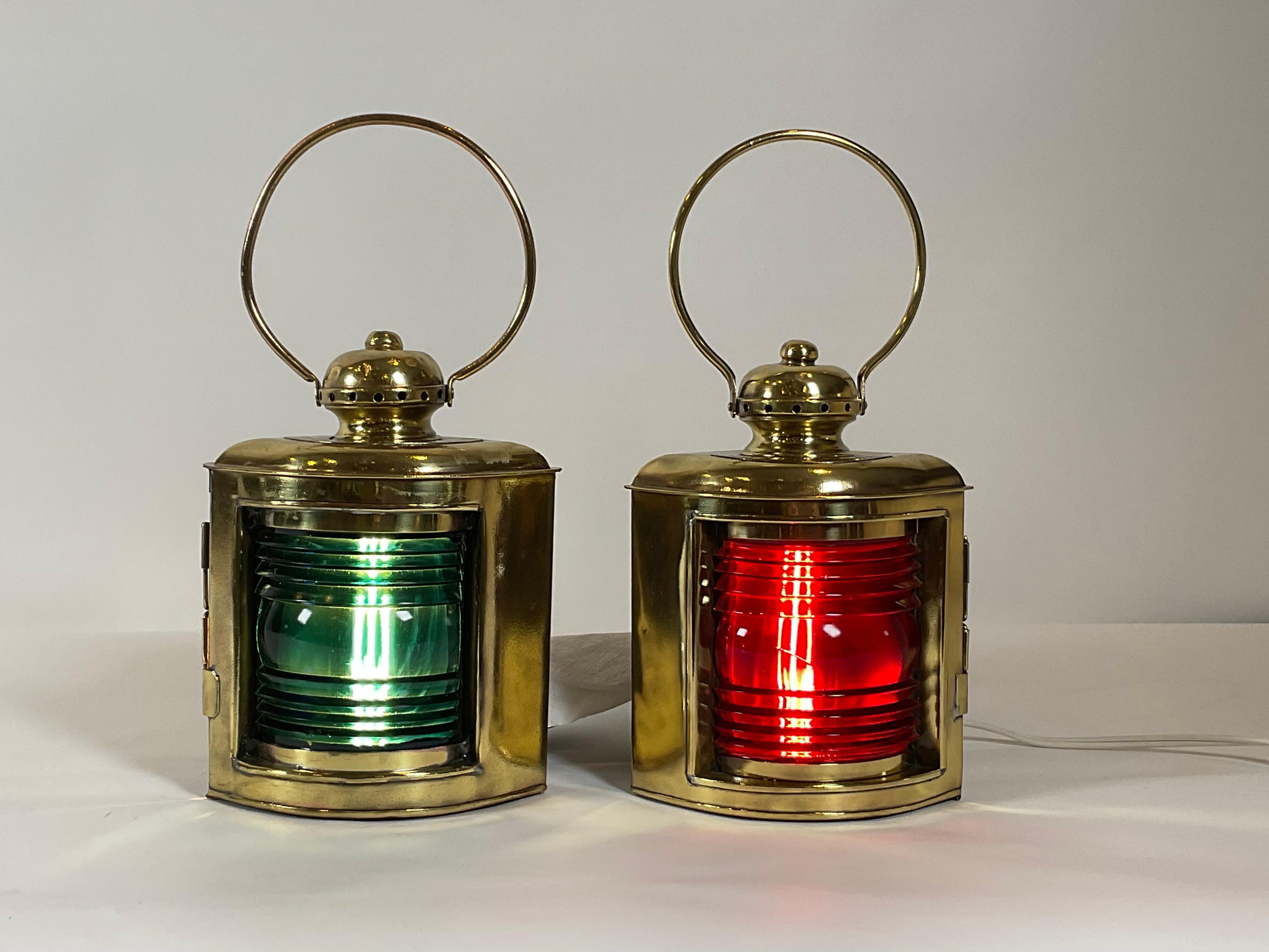 Early 20th Century Pair of Solid Brass Port and Starboard Ship’s Lanterns