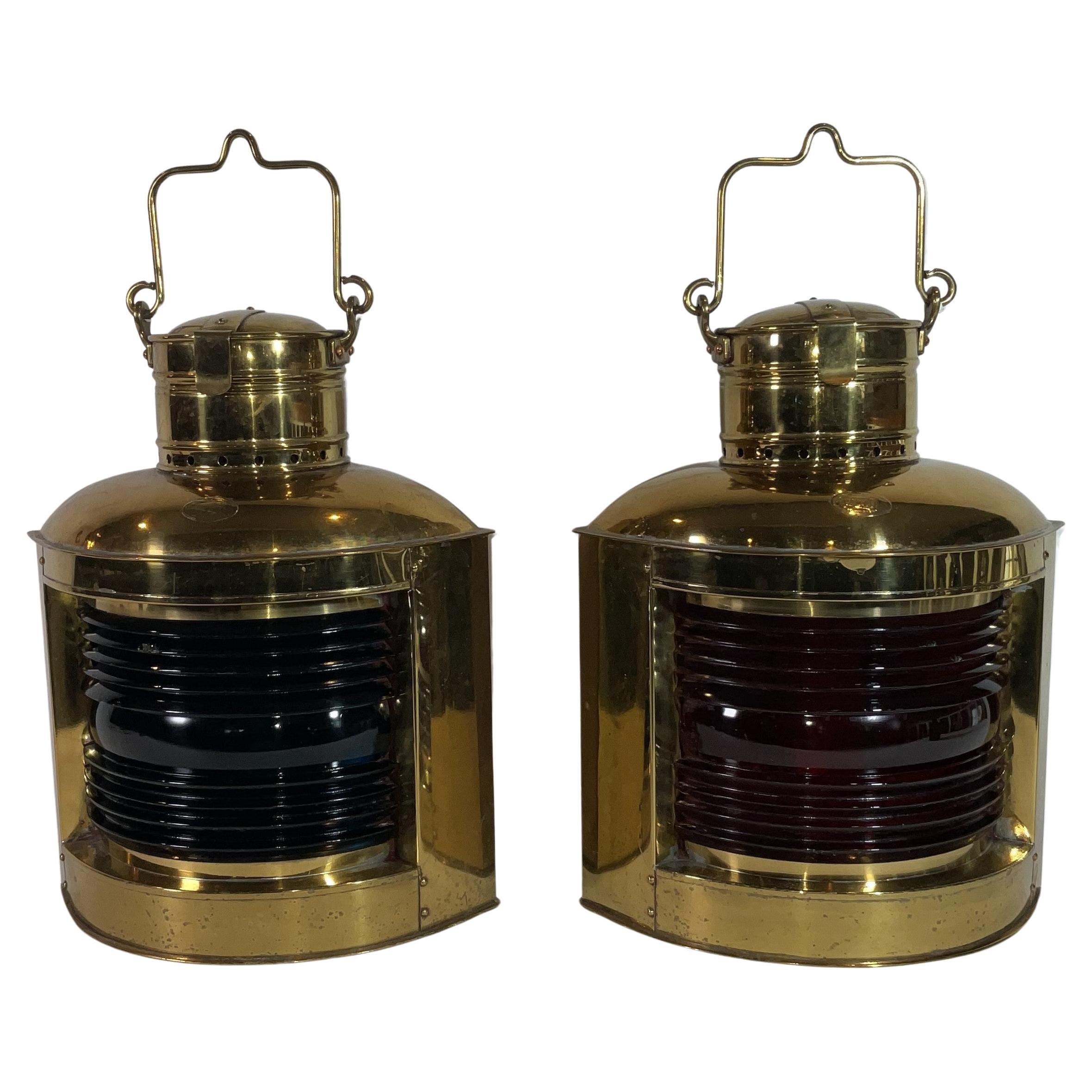 Pair of Solid Brass Port and Starboard Ships Lanterns For Sale