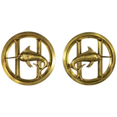 Pair of Solid Brass Porthole Cover Grills with Swordfish Design Nautical Decor