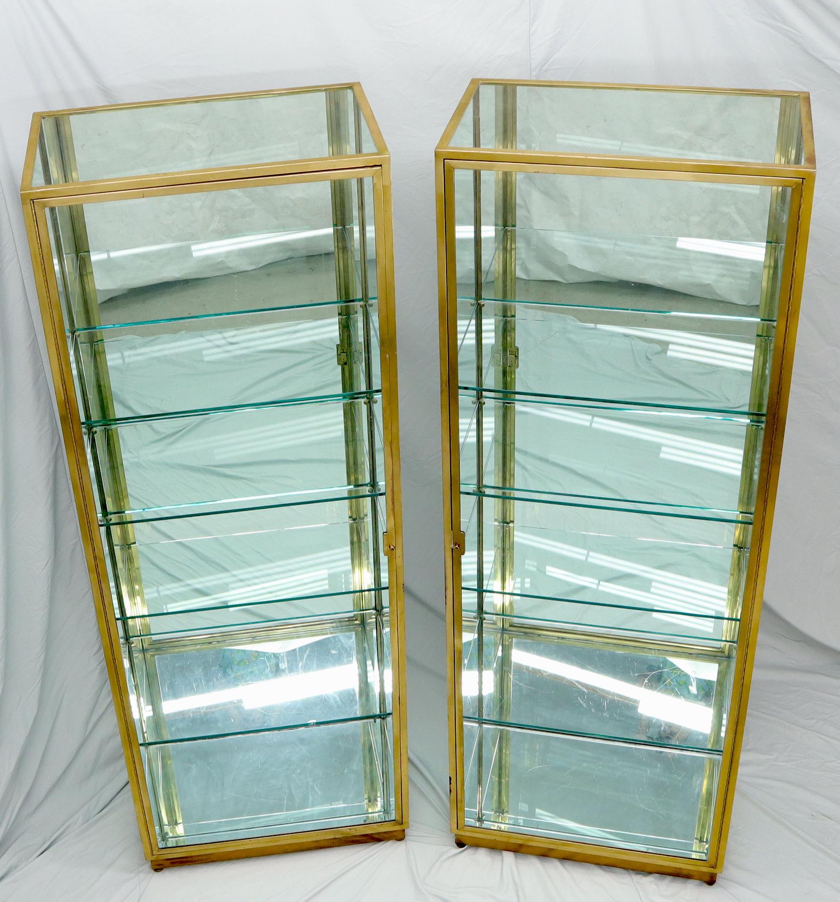 Polished Pair of Solid Brass Studio Made Cube Shape Showcases Cabinets Shelves For Sale