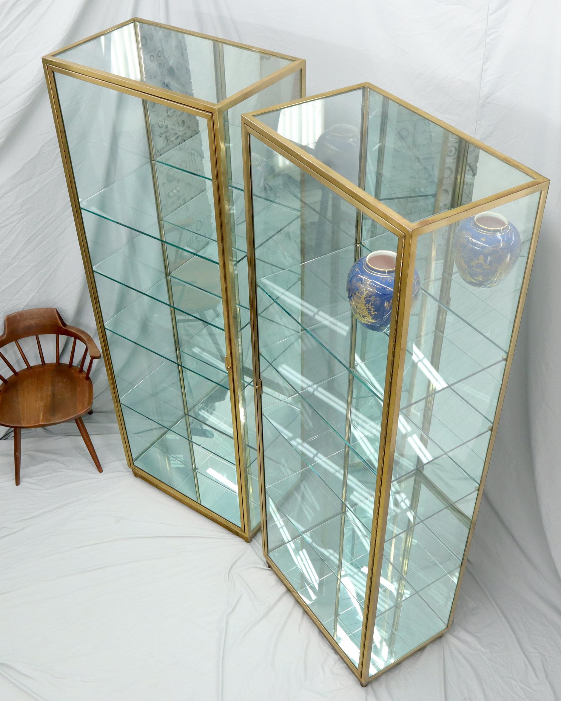 Pair of Solid Brass Studio Made Cube Shape Showcases Cabinets Shelves In Good Condition For Sale In Rockaway, NJ