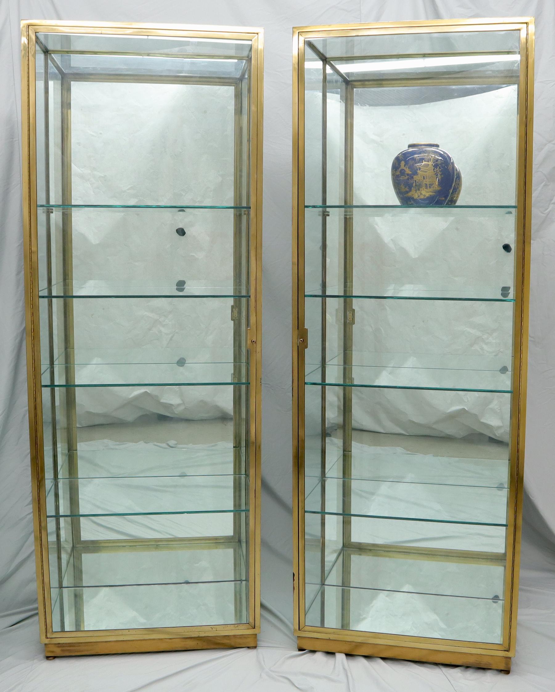 20th Century Pair of Solid Brass Studio Made Cube Shape Showcases Cabinets Shelves For Sale