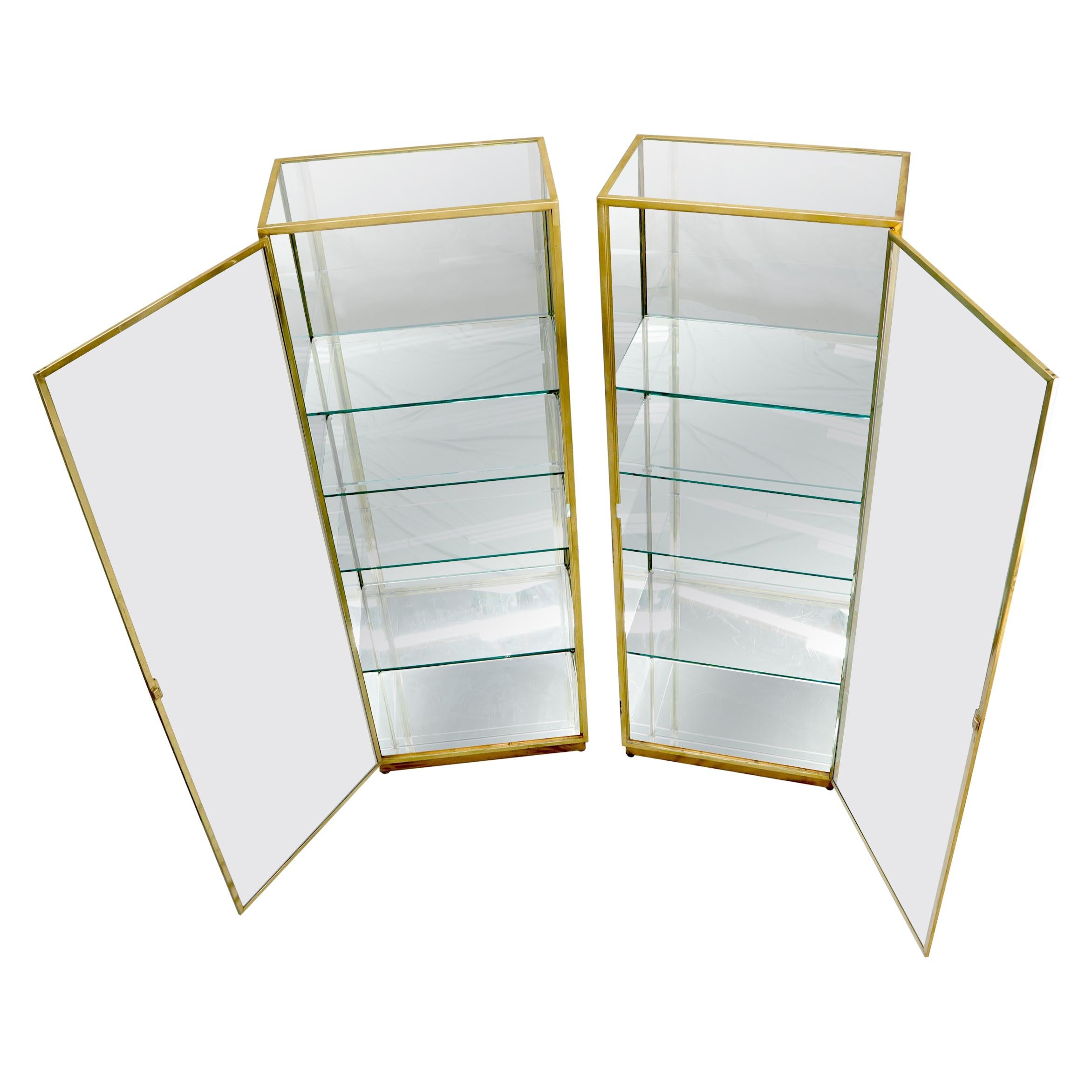 Pair of Solid Brass Studio Made Cube Shape Showcases Cabinets Shelves For Sale