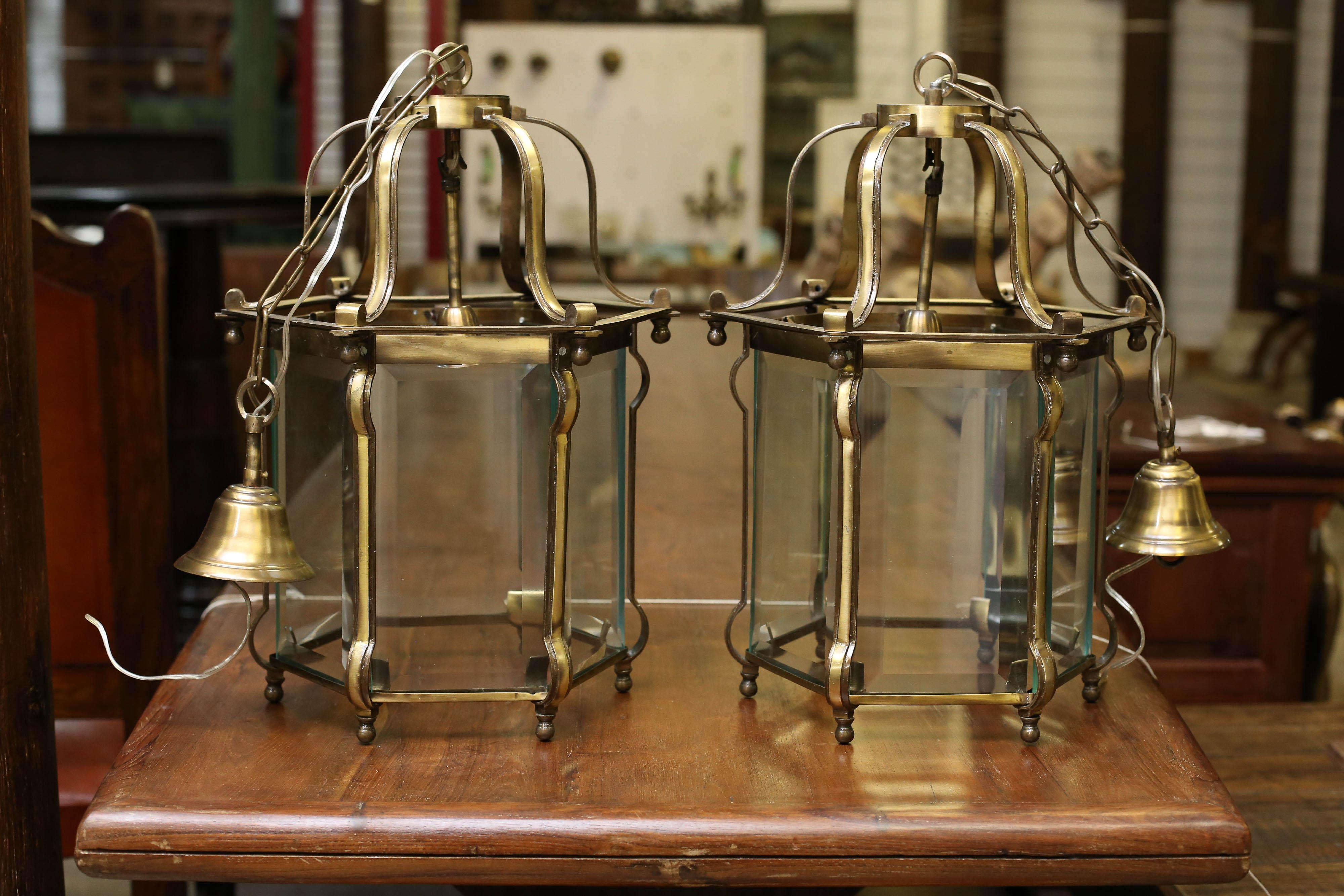 Origin not clear. Made in circa 1940s. Perhaps from an old European firm in Eastern India. These exceptionally well made lanterns are wired to USA standard. The striking features of these lanterns are hand made perfection and the fine quality of