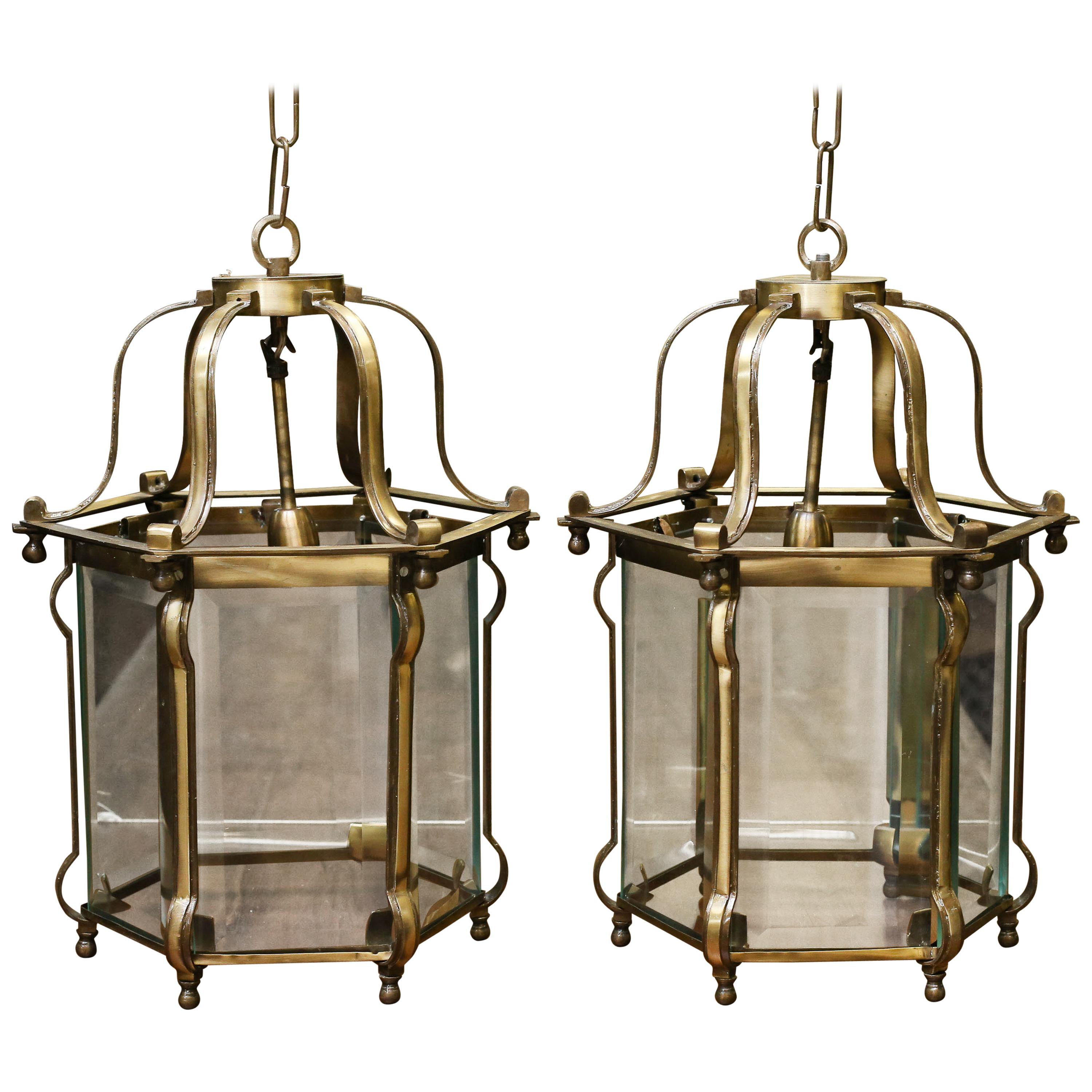 Pair of Solid Brass Superbly Handcrafted Hanging Lanterns from a Settler's Home For Sale
