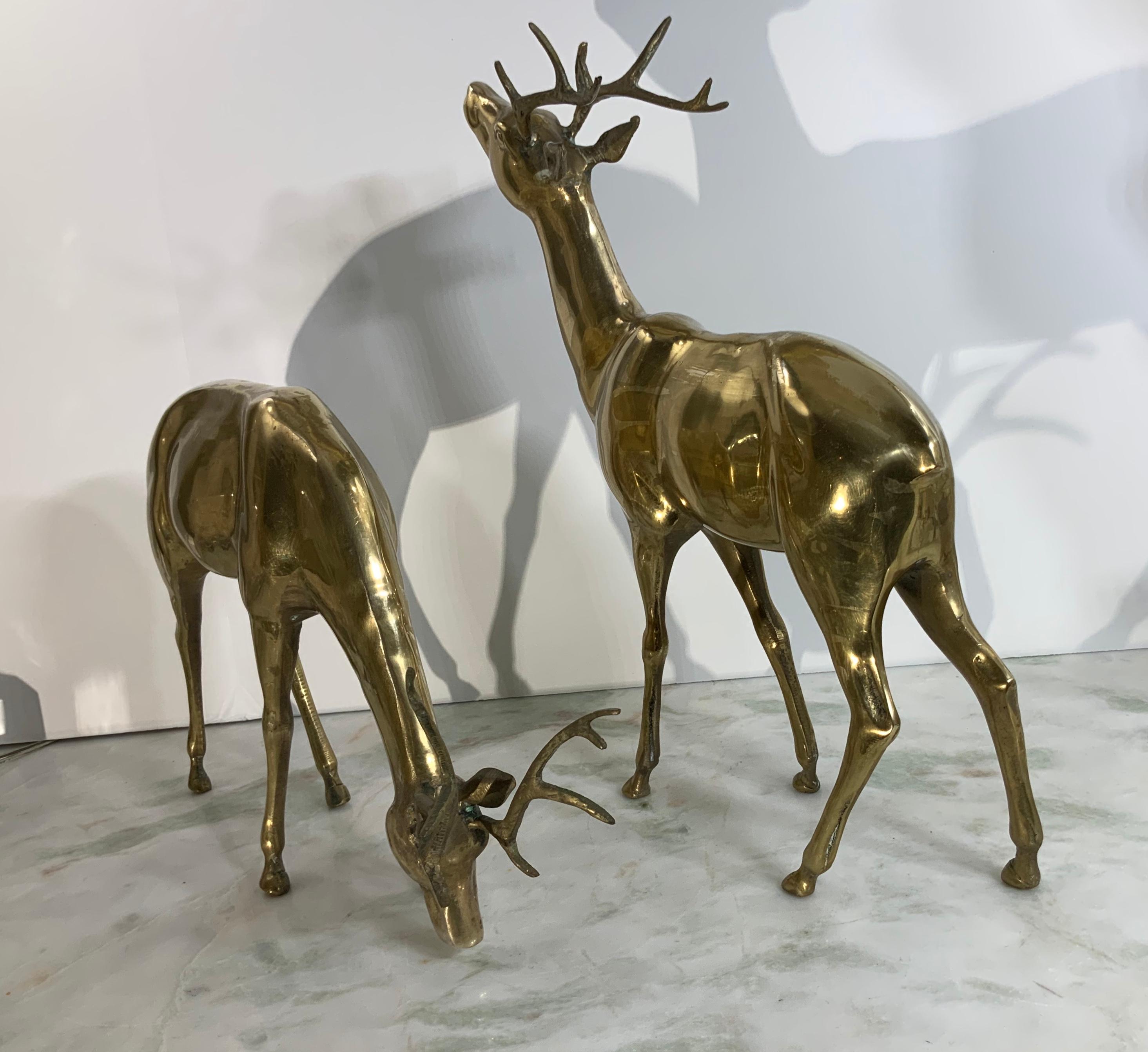 Pair of Solid Brass Table Deer Sculpture In Good Condition In Delray Beach, FL