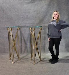 Pair of Solid Brass Thick Glass Top John Vesey Style Directoire Pedestals Stands
