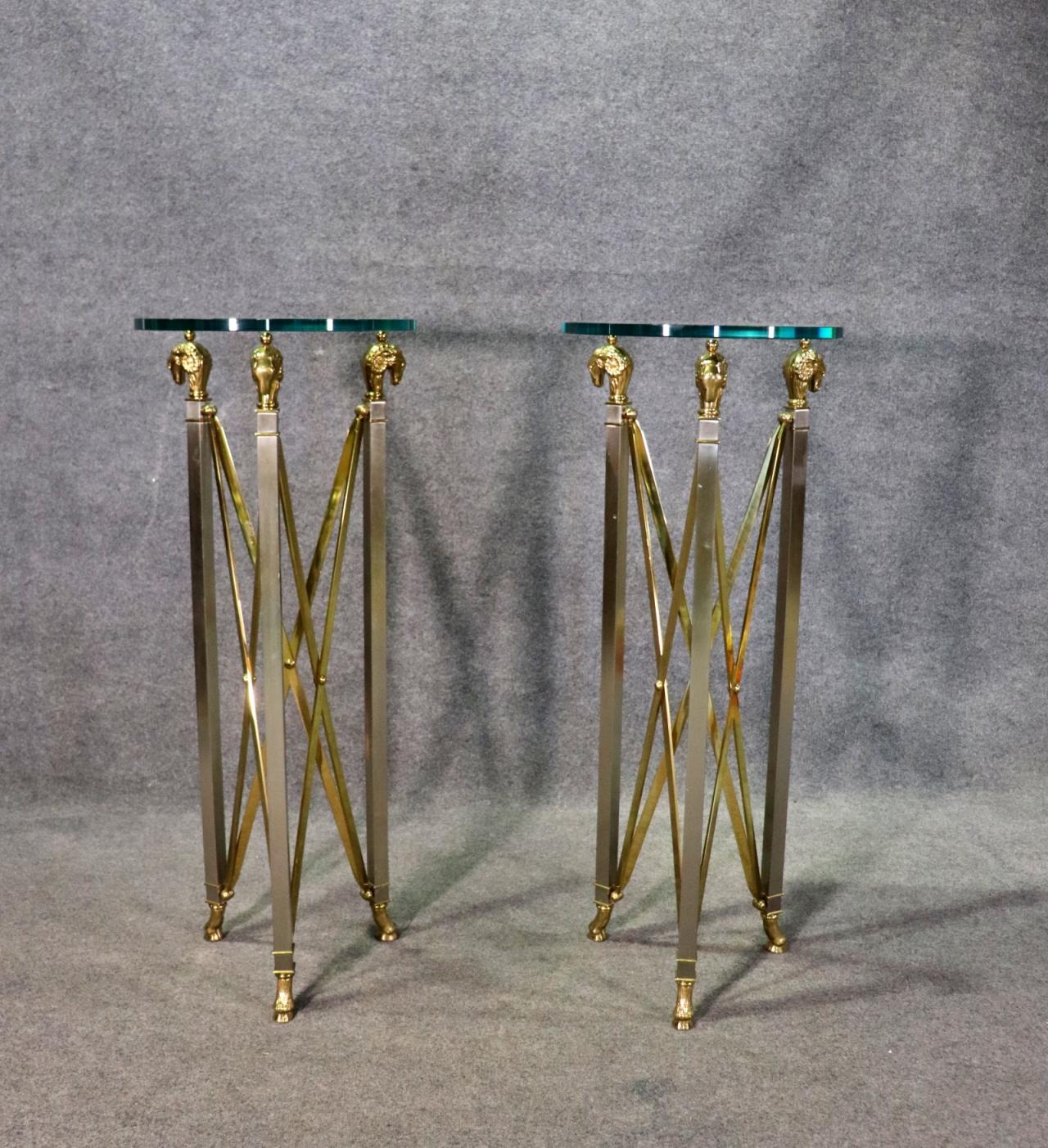 Italian Pair of Solid Brass Thick Glass Top John Vesey Style Directoire Pedestals Stands For Sale