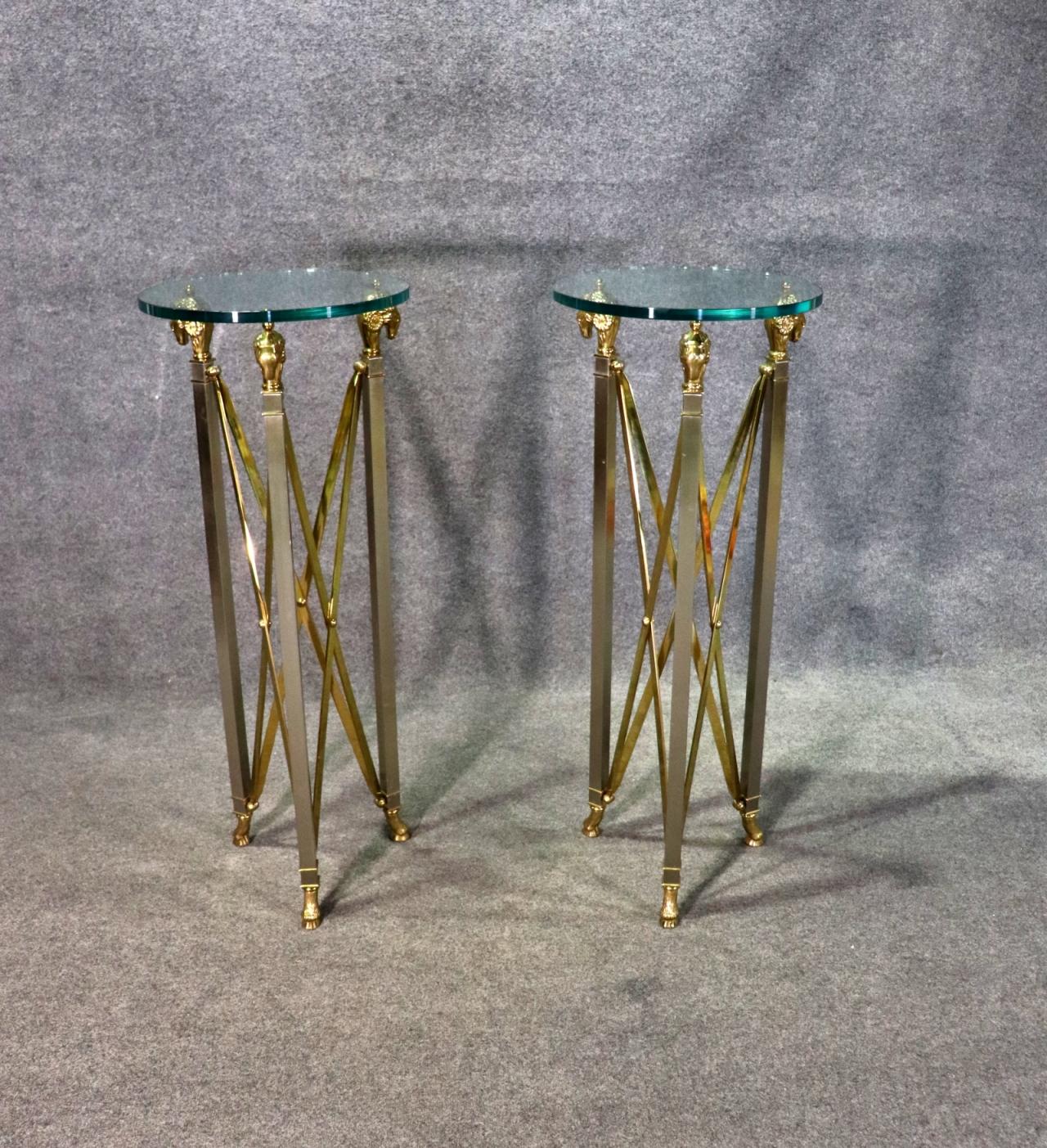 Pair of Solid Brass Thick Glass Top John Vesey Style Directoire Pedestals Stands In Good Condition For Sale In Swedesboro, NJ