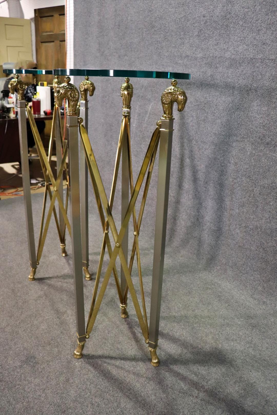 Pair of Solid Brass Thick Glass Top John Vesey Style Directoire Pedestals Stands For Sale 3