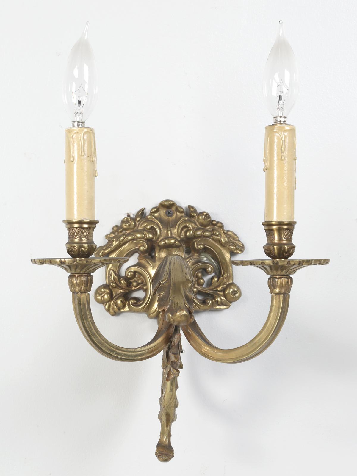 Pair of Solid Brass Two-Light Sconces In Good Condition In Chicago, IL