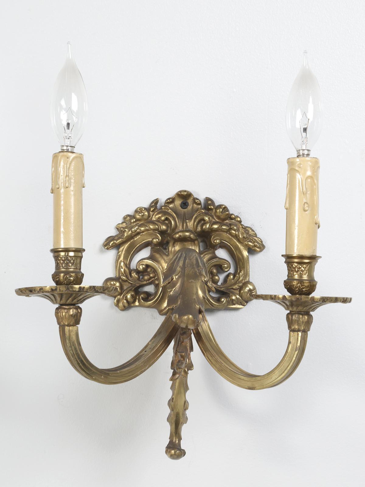 Early 20th Century Pair of Solid Brass Two-Light Sconces