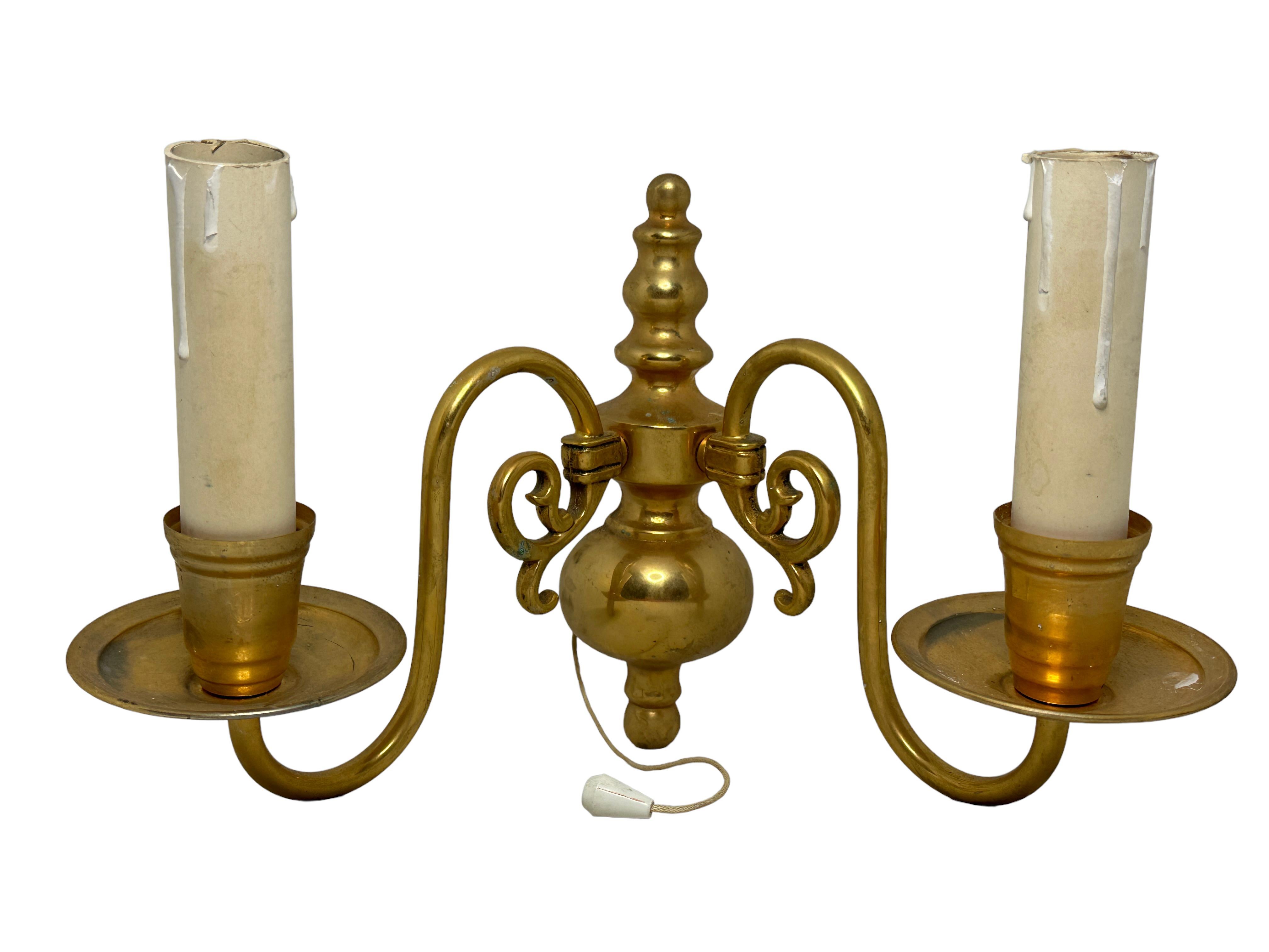 Folk Art Pair of Solid Brass Two-Light Wall Sconces, Vintage, Austria, 1950s For Sale