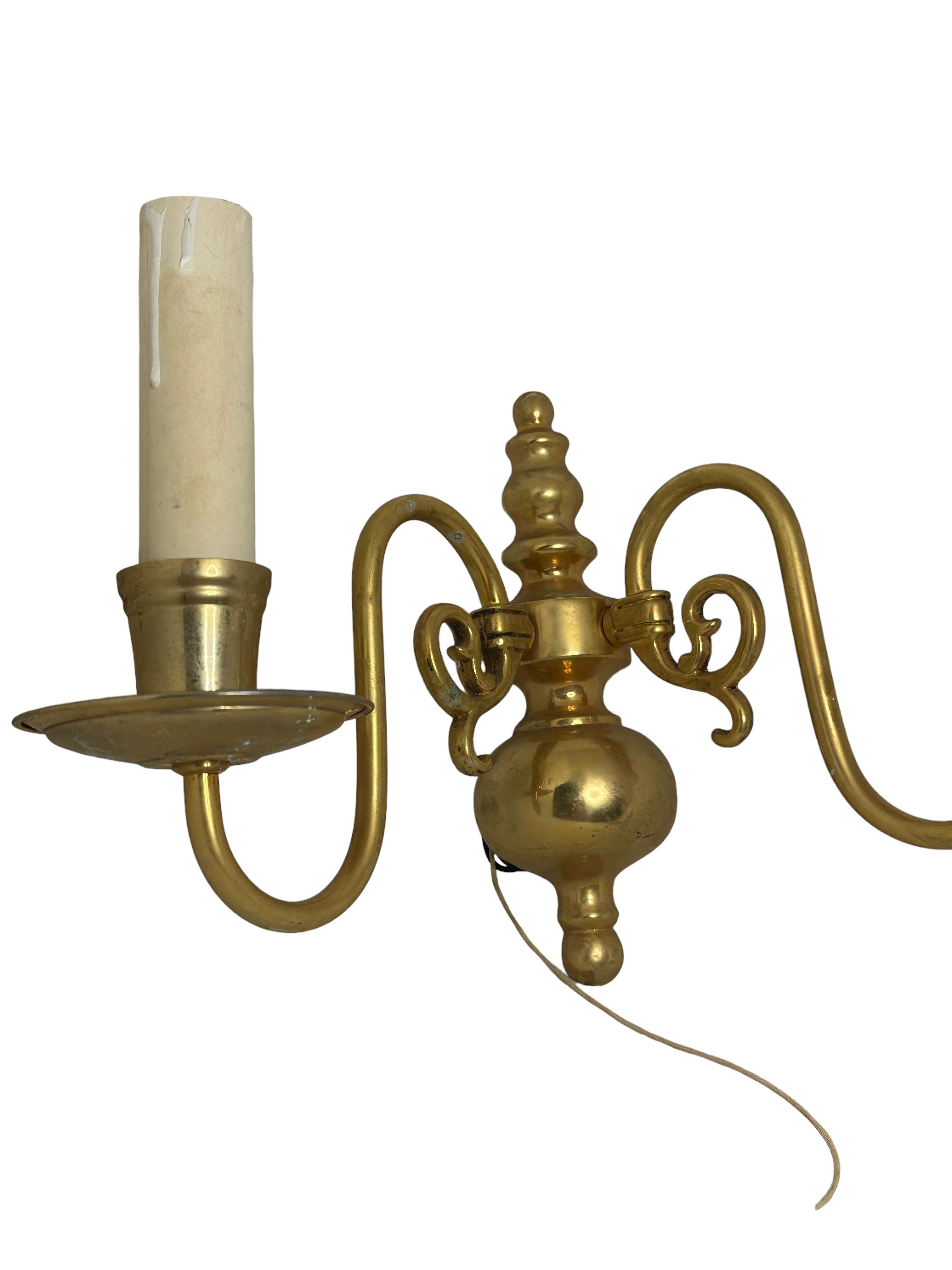 German Pair of Solid Brass Two-Light Wall Sconces, Vintage, Austria, 1950s For Sale