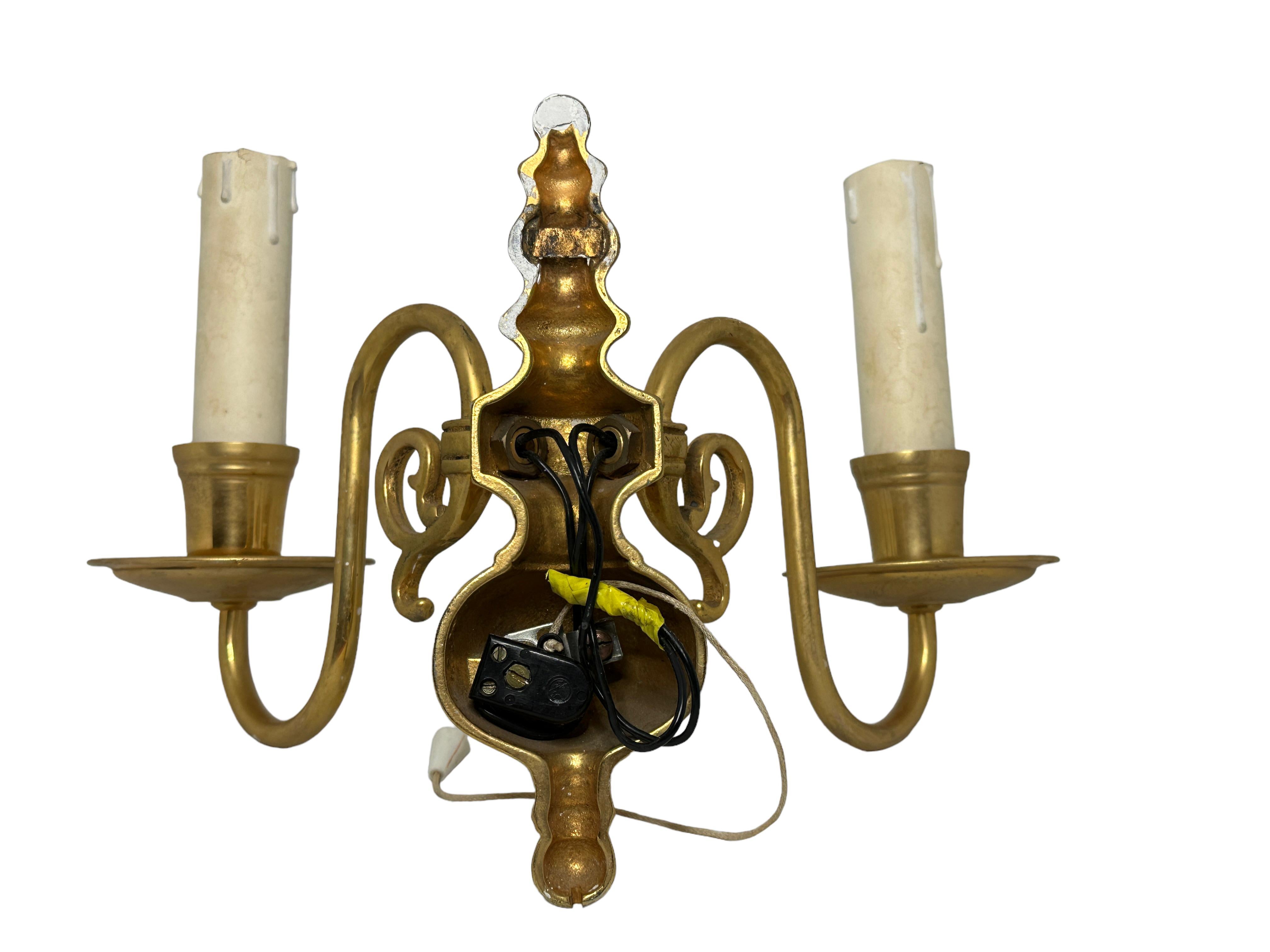 Mid-20th Century Pair of Solid Brass Two-Light Wall Sconces, Vintage, Austria, 1950s For Sale