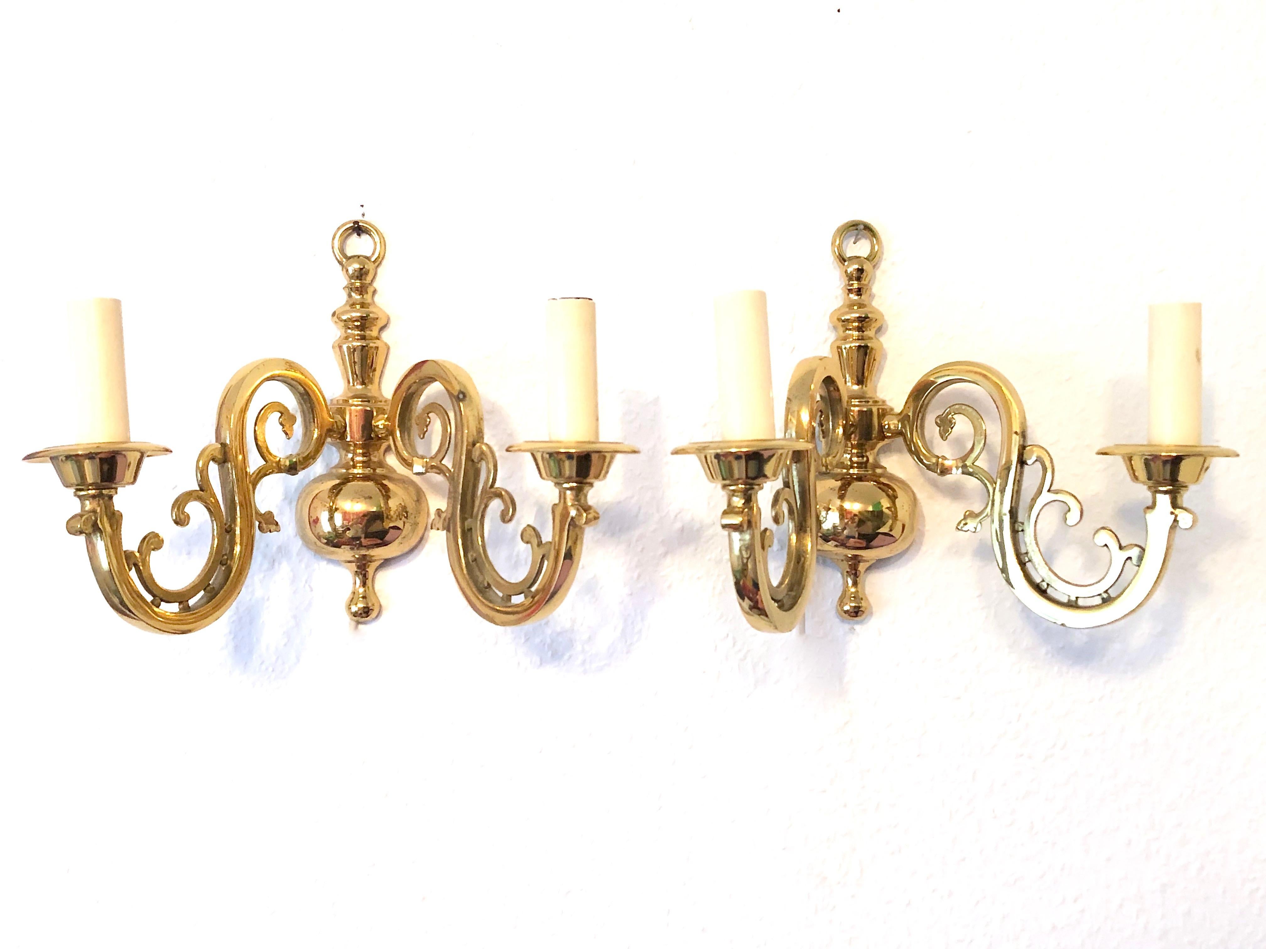 Pair of Solid Brass Two-Light Wall Sconces, Vintage German, 1960s 3