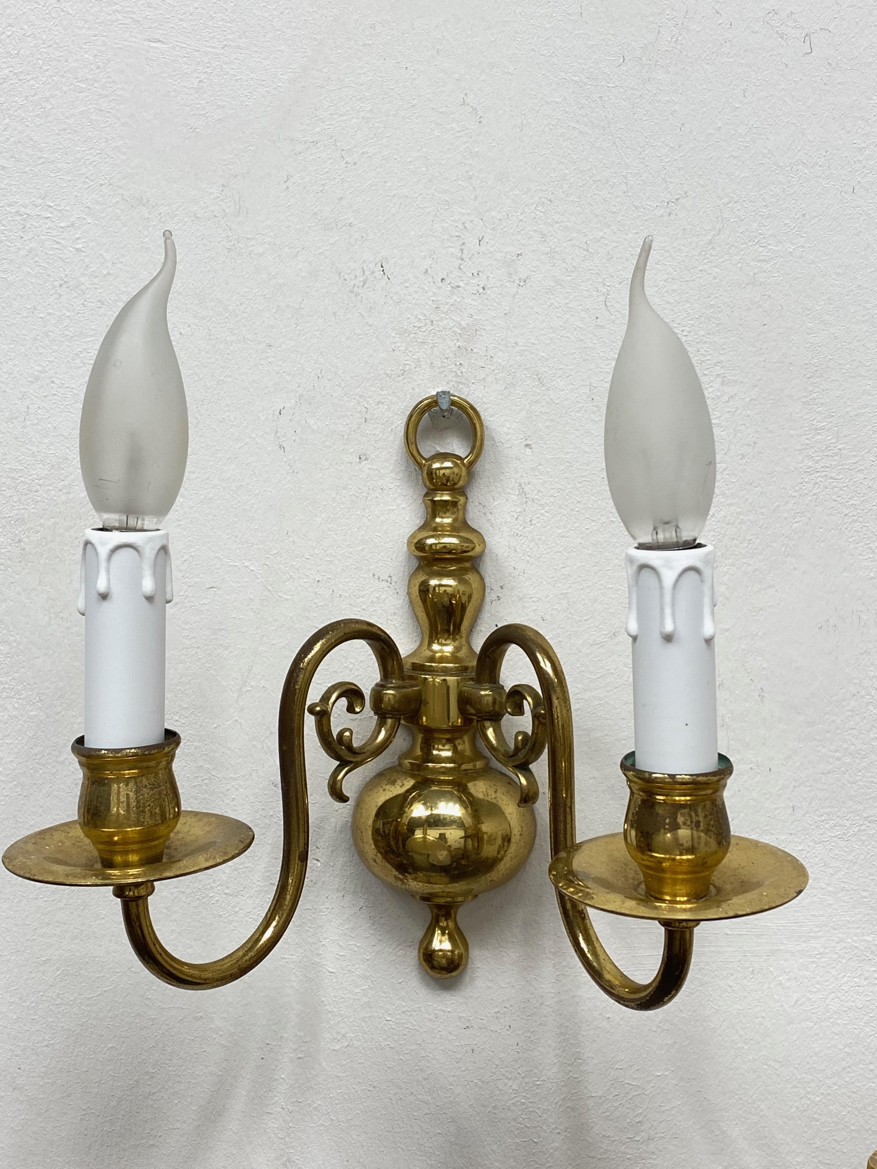 Mid-20th Century Pair of Solid Brass Two-Light Wall Sconces, Vintage, German, 1960s