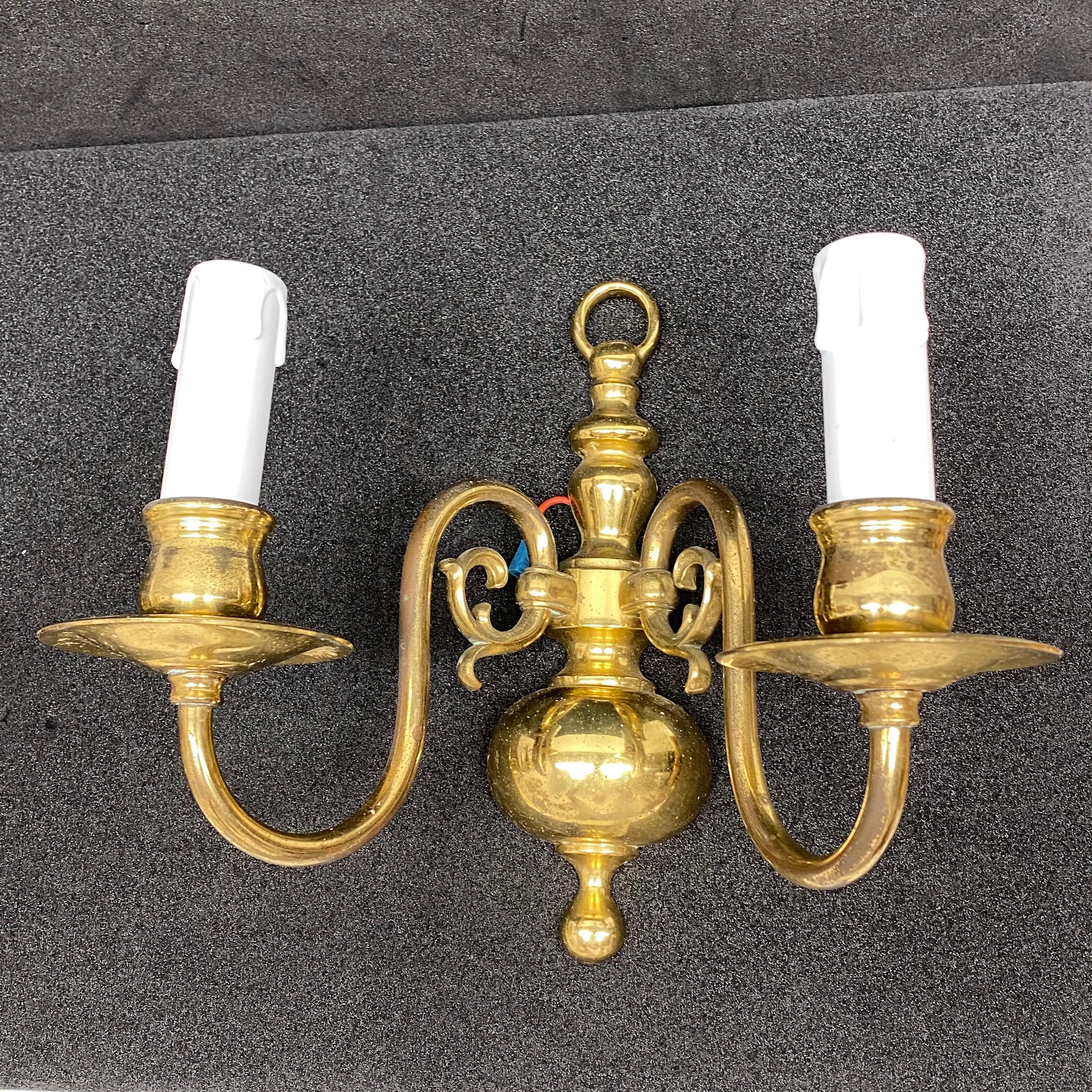 Metal Pair of Solid Brass Two-Light Wall Sconces, Vintage, German, 1960s