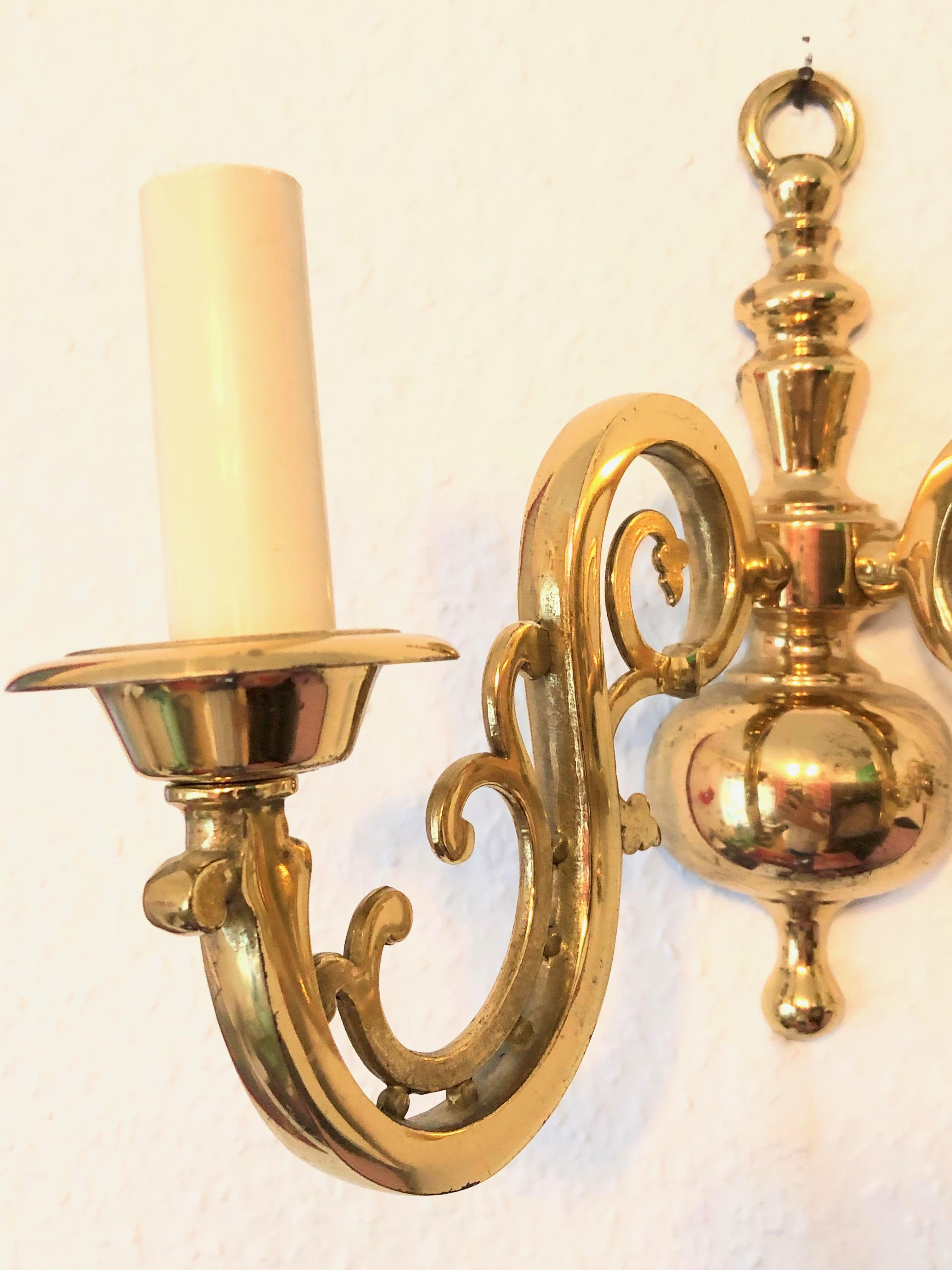 Mid-20th Century Pair of Solid Brass Two-Light Wall Sconces, Vintage German, 1960s