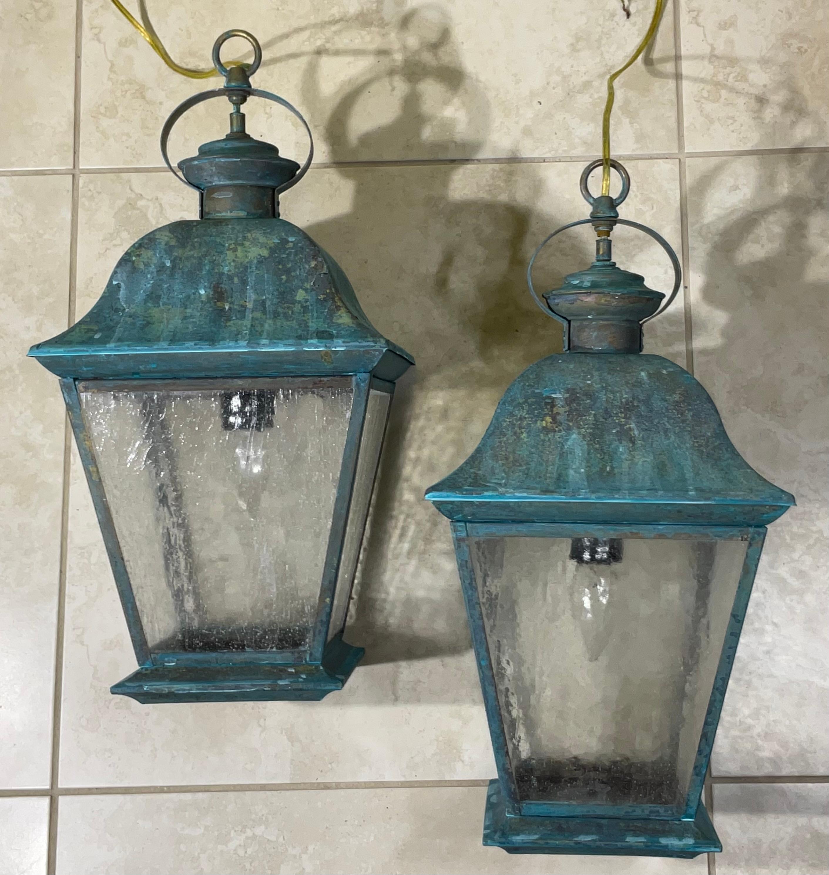 Pair Of Solid Brass Vintage Ceiling Lantern  19” x 9”.5 x 9”.5 For Sale 4