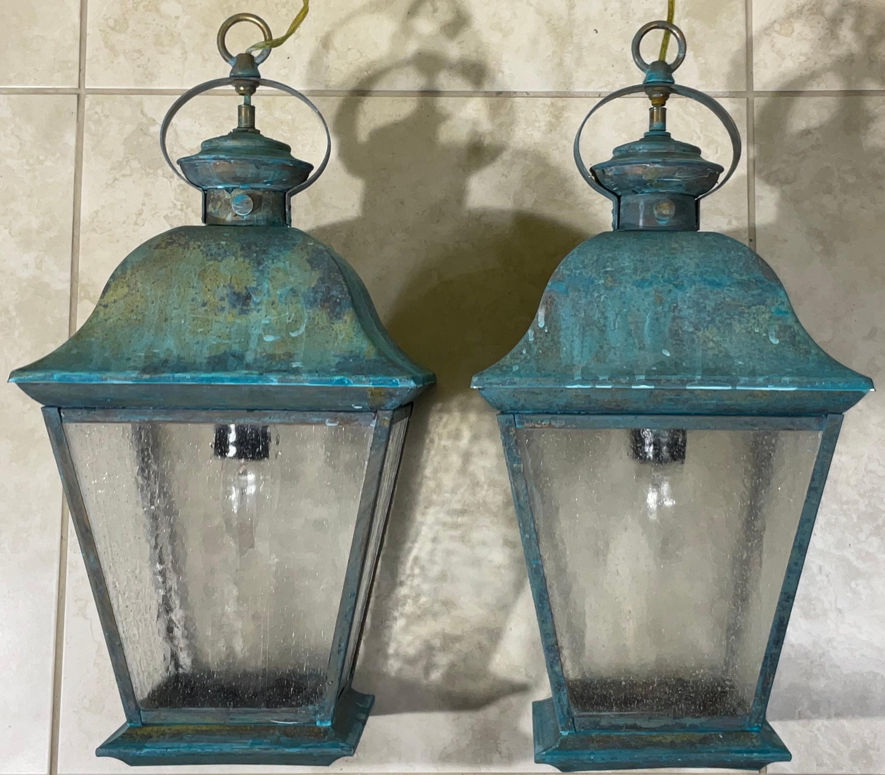 Pair Of Solid Brass Vintage Ceiling Lantern  19” x 9”.5 x 9”.5 For Sale 6