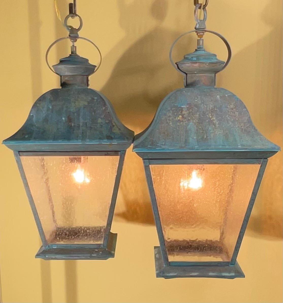 Pair Of Solid Brass Vintage Ceiling Lantern  19” x 9”.5 x 9”.5 For Sale 7