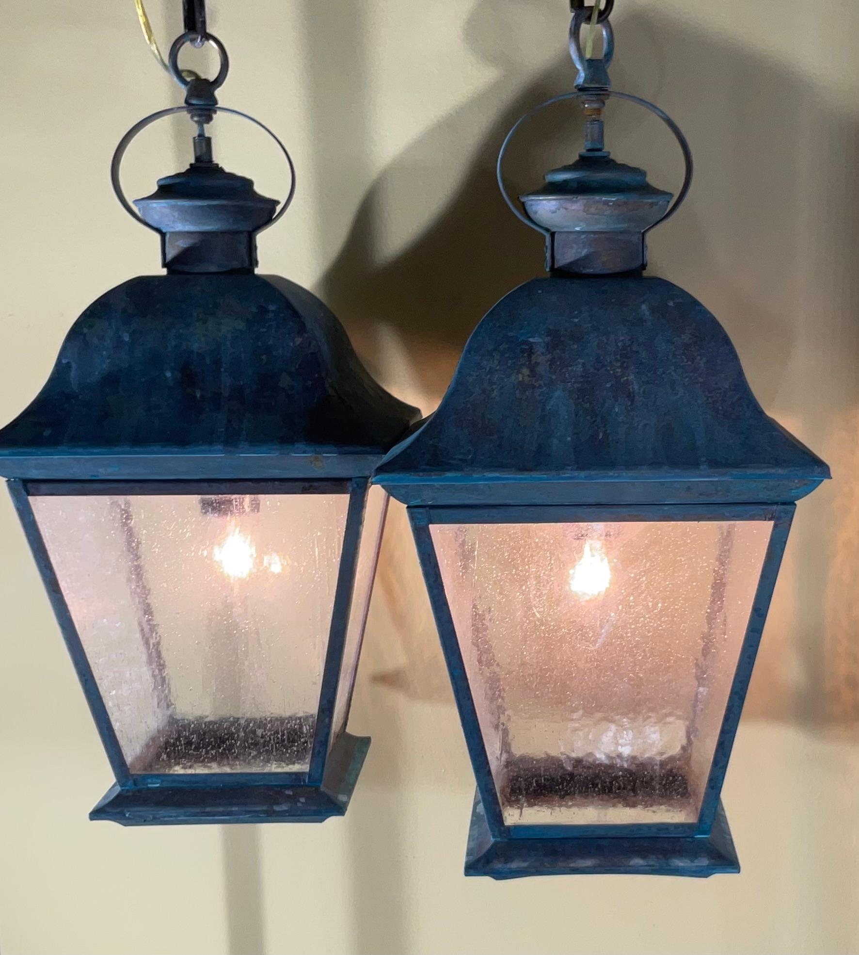 Pair Of Solid Brass Vintage Ceiling Lantern  19” x 9”.5 x 9”.5 For Sale 8