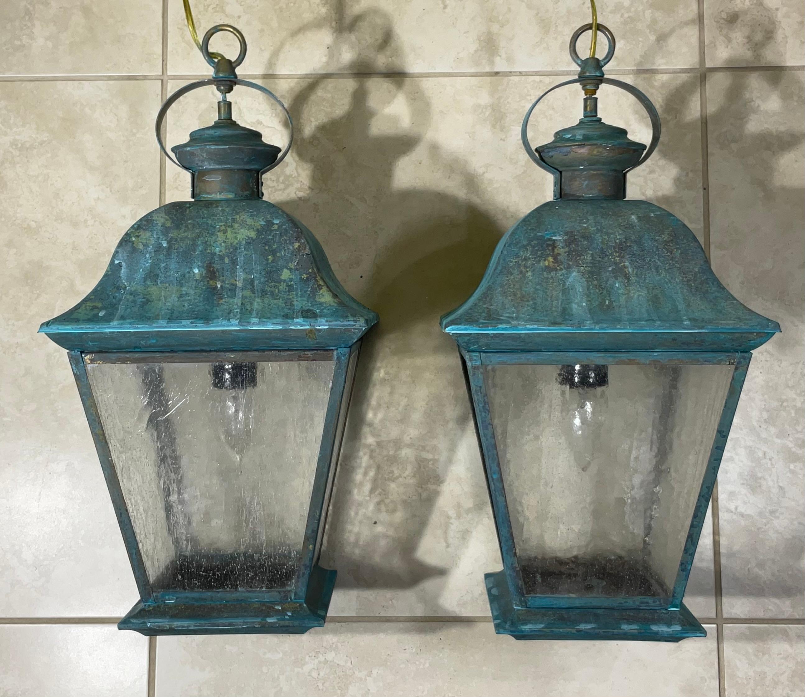 American Pair Of Solid Brass Vintage Ceiling Lantern  19” x 9”.5 x 9”.5 For Sale