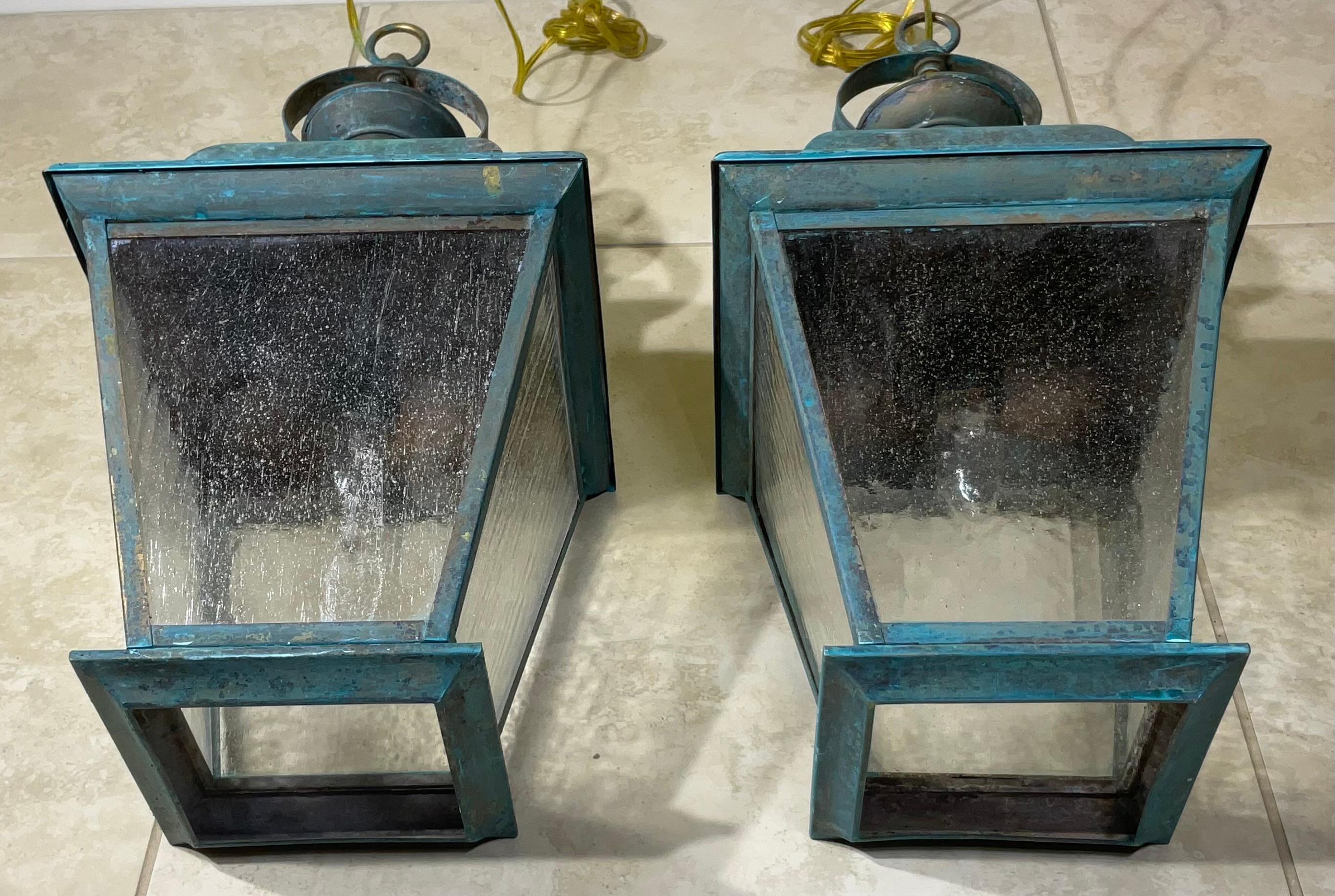 Hand-Crafted Pair Of Solid Brass Vintage Ceiling Lantern  19” x 9”.5 x 9”.5 For Sale