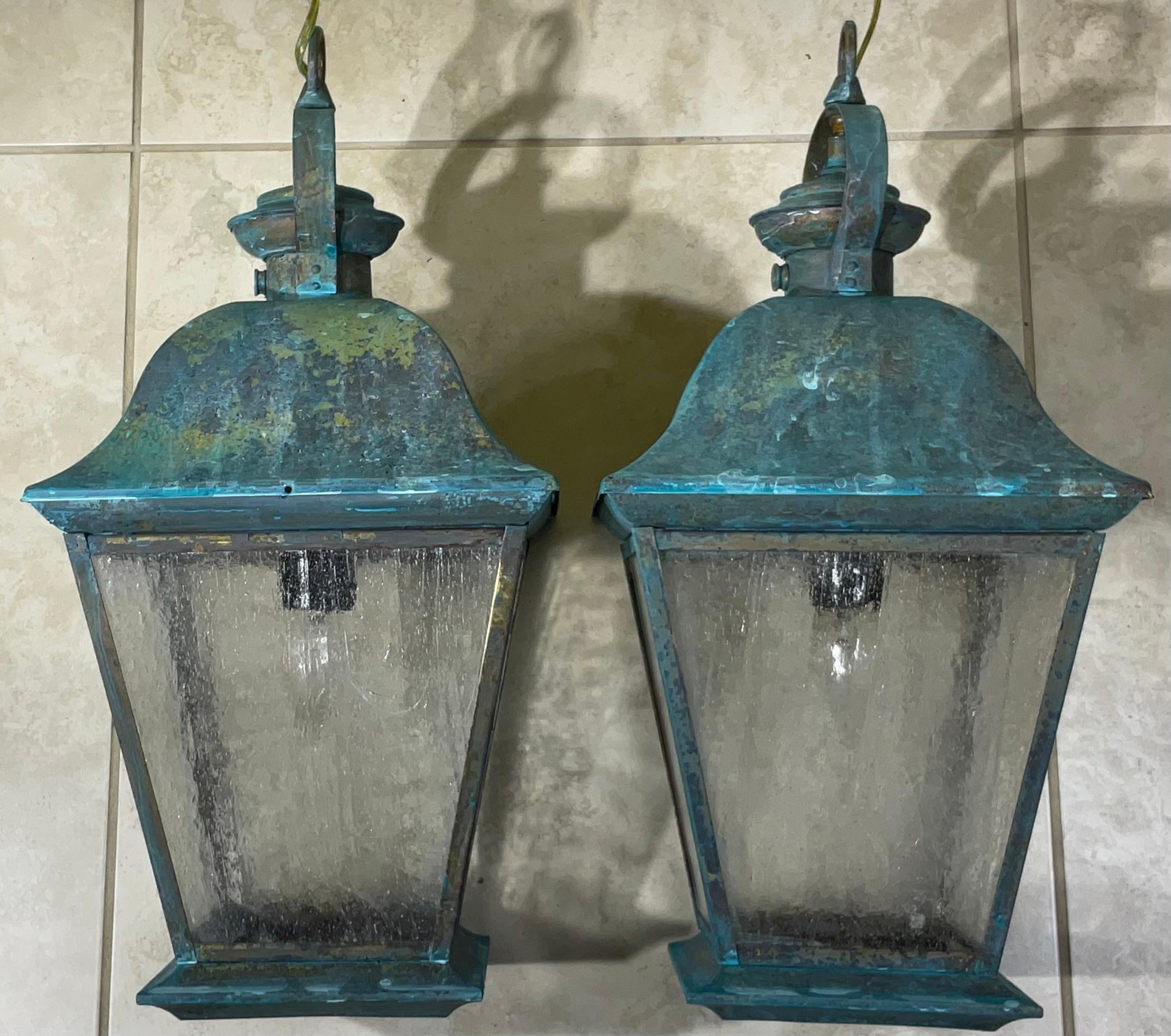 Pair Of Solid Brass Vintage Ceiling Lantern  19” x 9”.5 x 9”.5 In Good Condition For Sale In Delray Beach, FL