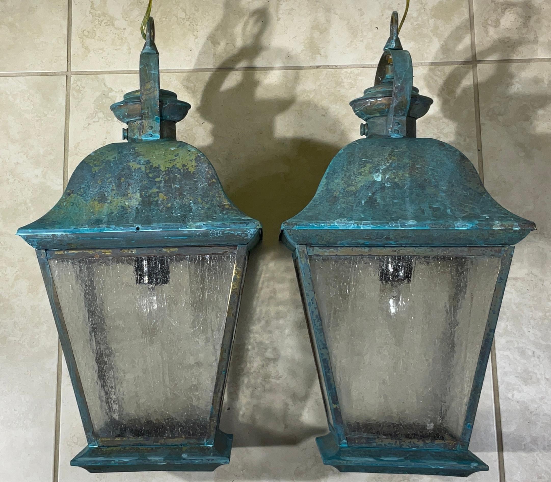 20th Century Pair Of Solid Brass Vintage Ceiling Lantern  19” x 9”.5 x 9”.5 For Sale