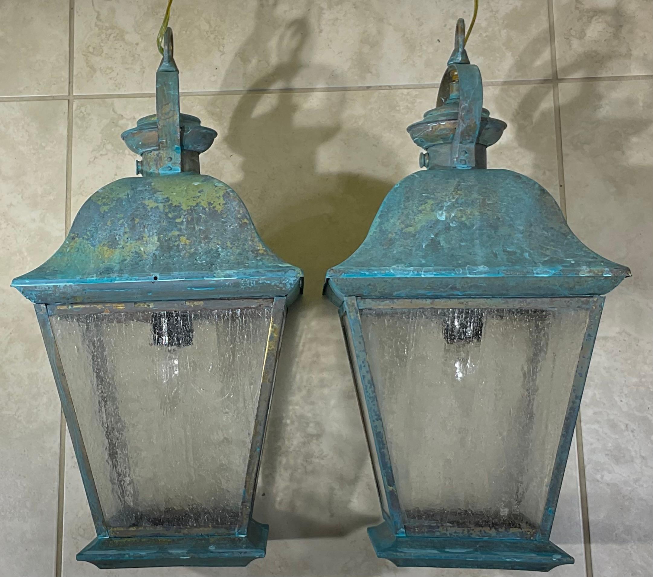 Pair Of Solid Brass Vintage Ceiling Lantern  19” x 9”.5 x 9”.5 For Sale 1