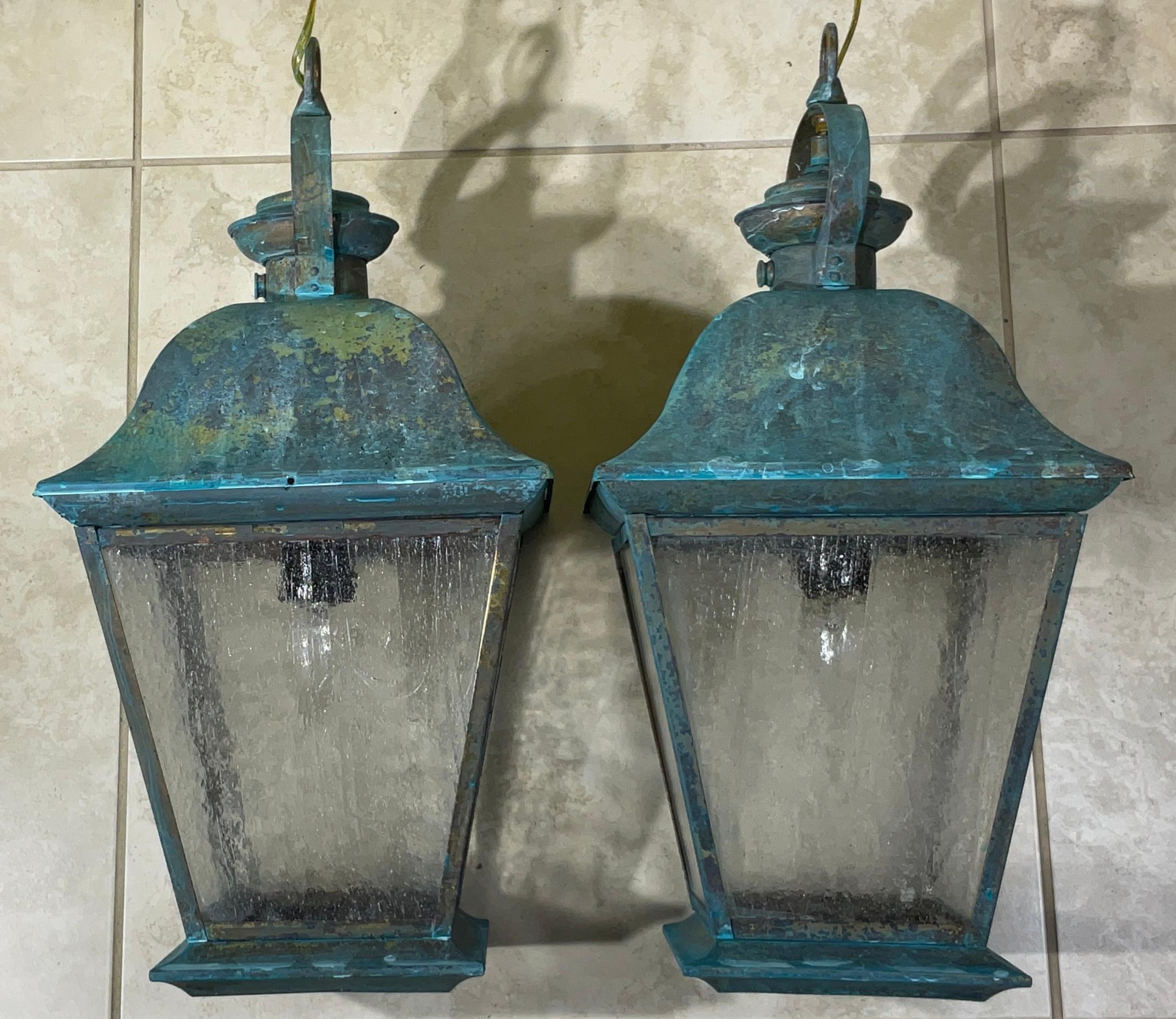 Pair Of Solid Brass Vintage Ceiling Lantern  19” x 9”.5 x 9”.5 For Sale 2