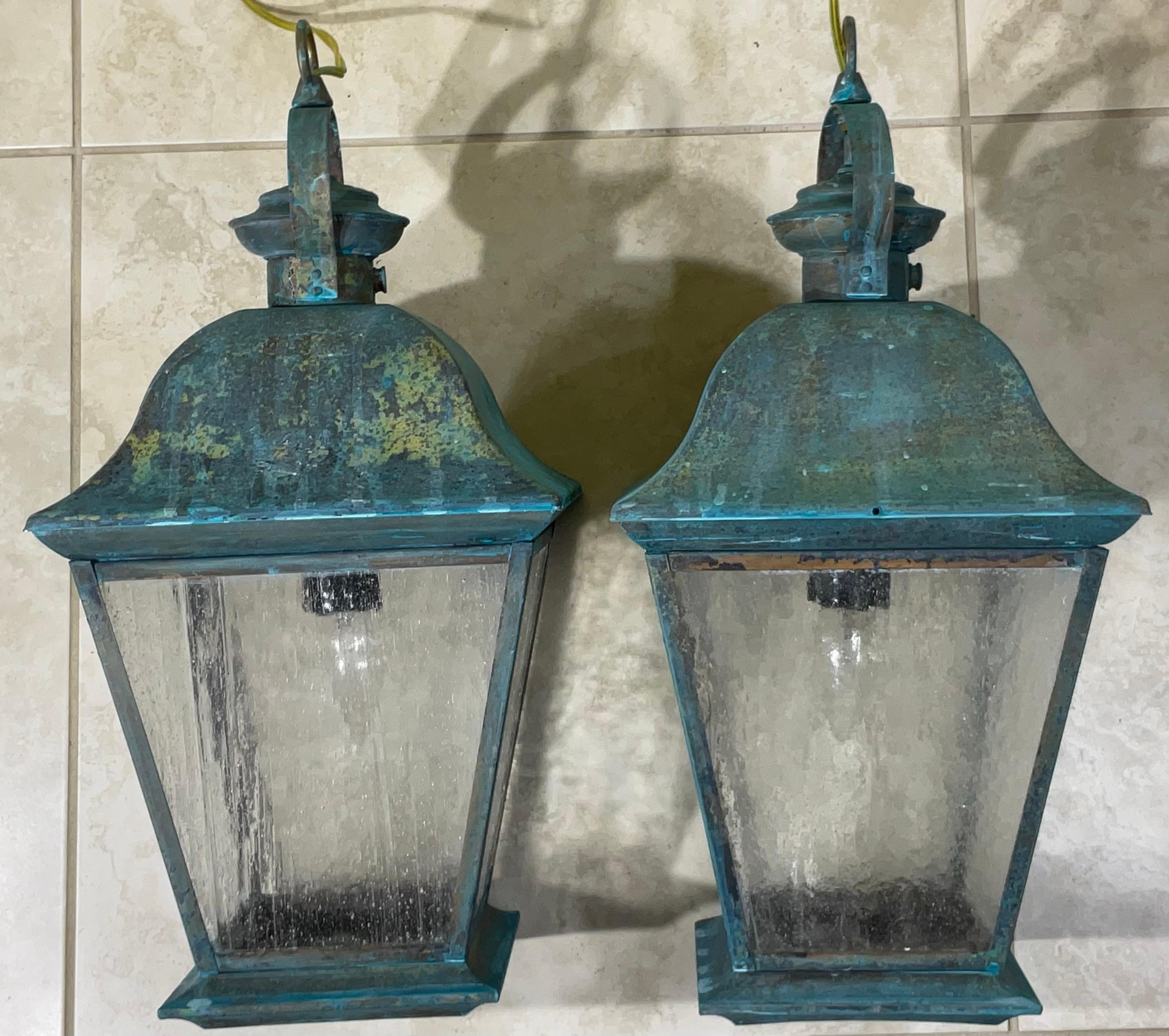 Pair Of Solid Brass Vintage Ceiling Lantern  19” x 9”.5 x 9”.5 For Sale 3