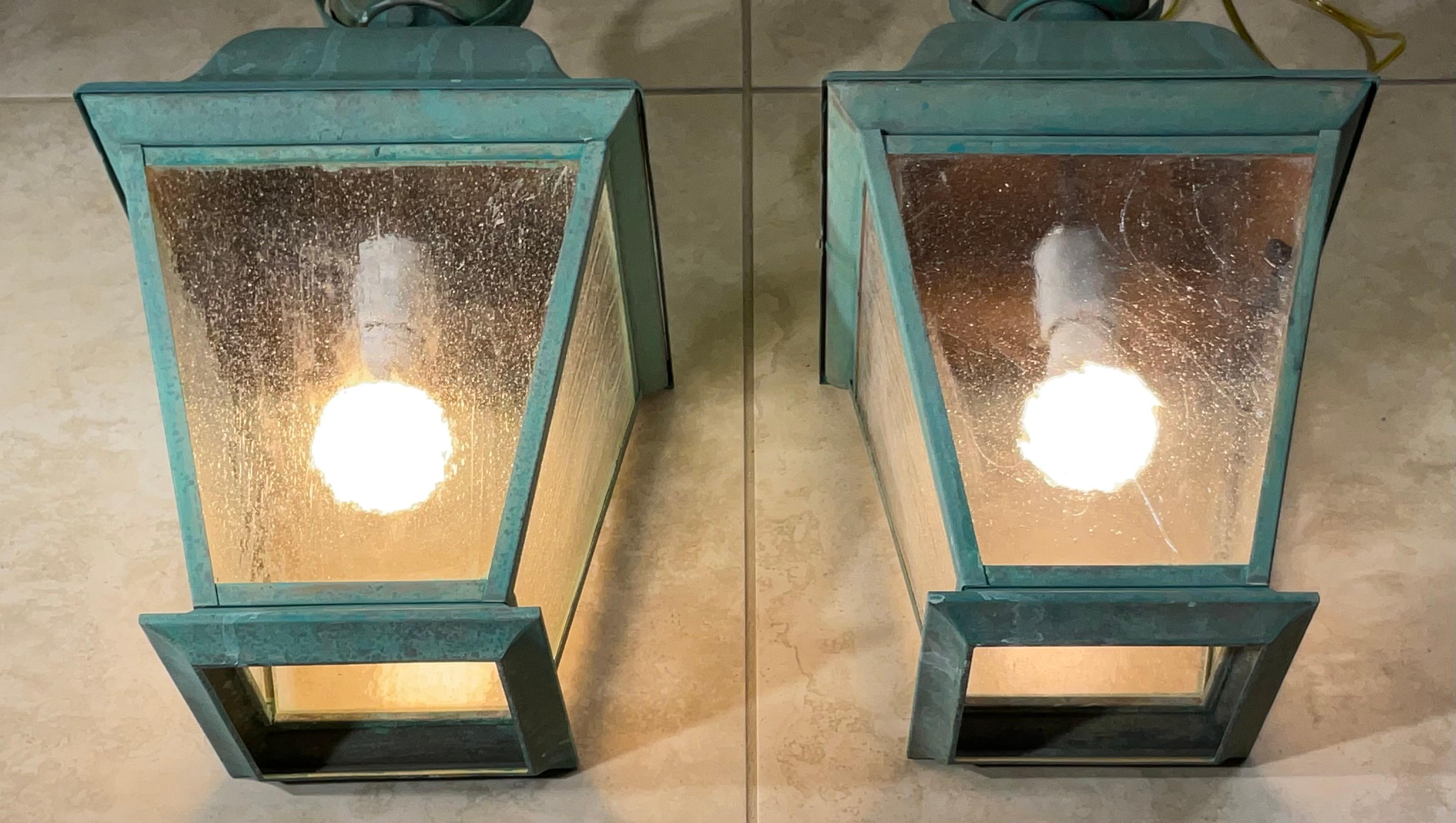 American Pair Of Solid Brass Vintage Ceiling Lantern 19”.5  x 9”.5 x 9”.5 For Sale