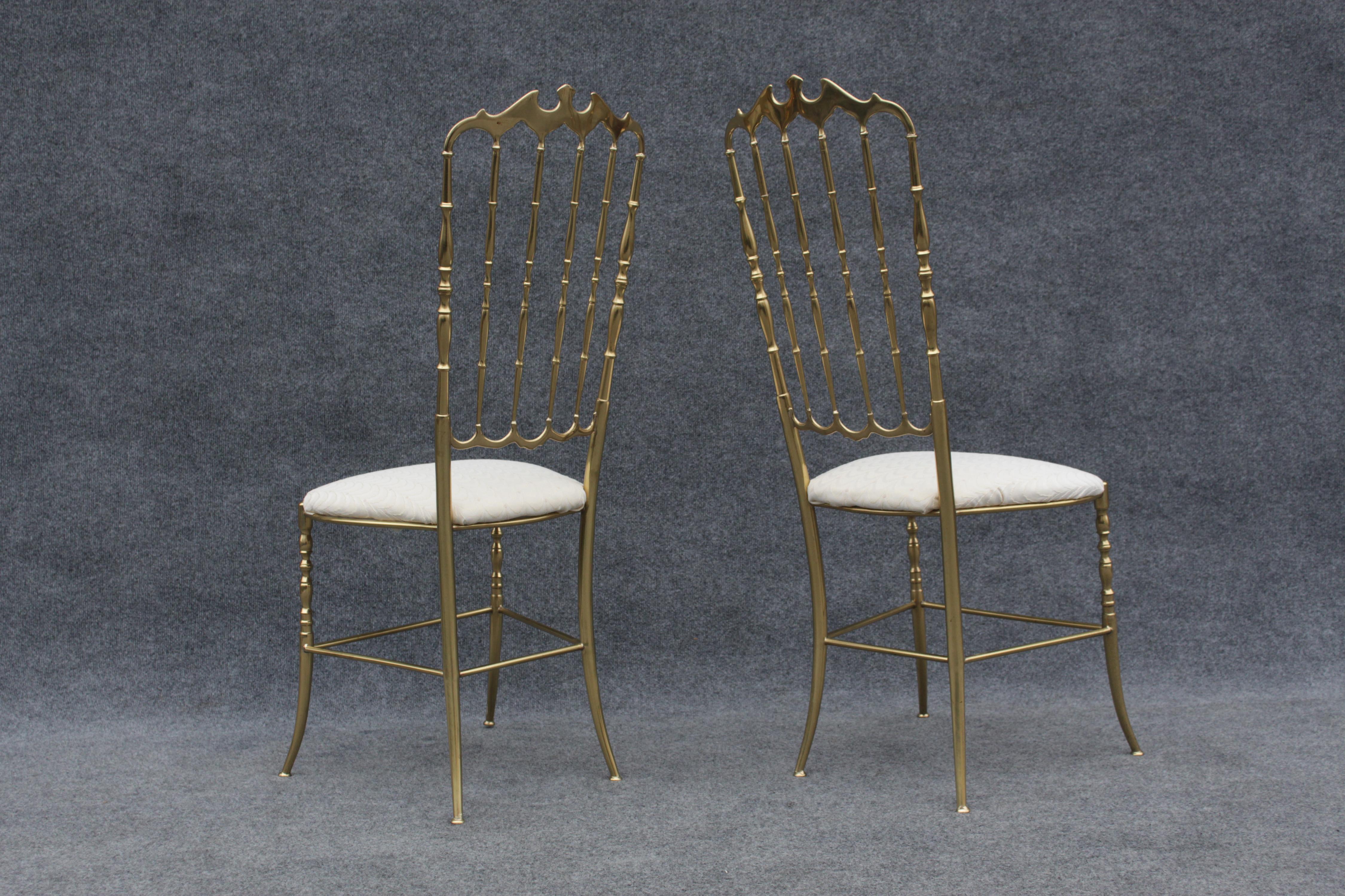 Pair of Solid Brass & White Upholstered Dining or Side Chairs by Chiavari Italy For Sale 4