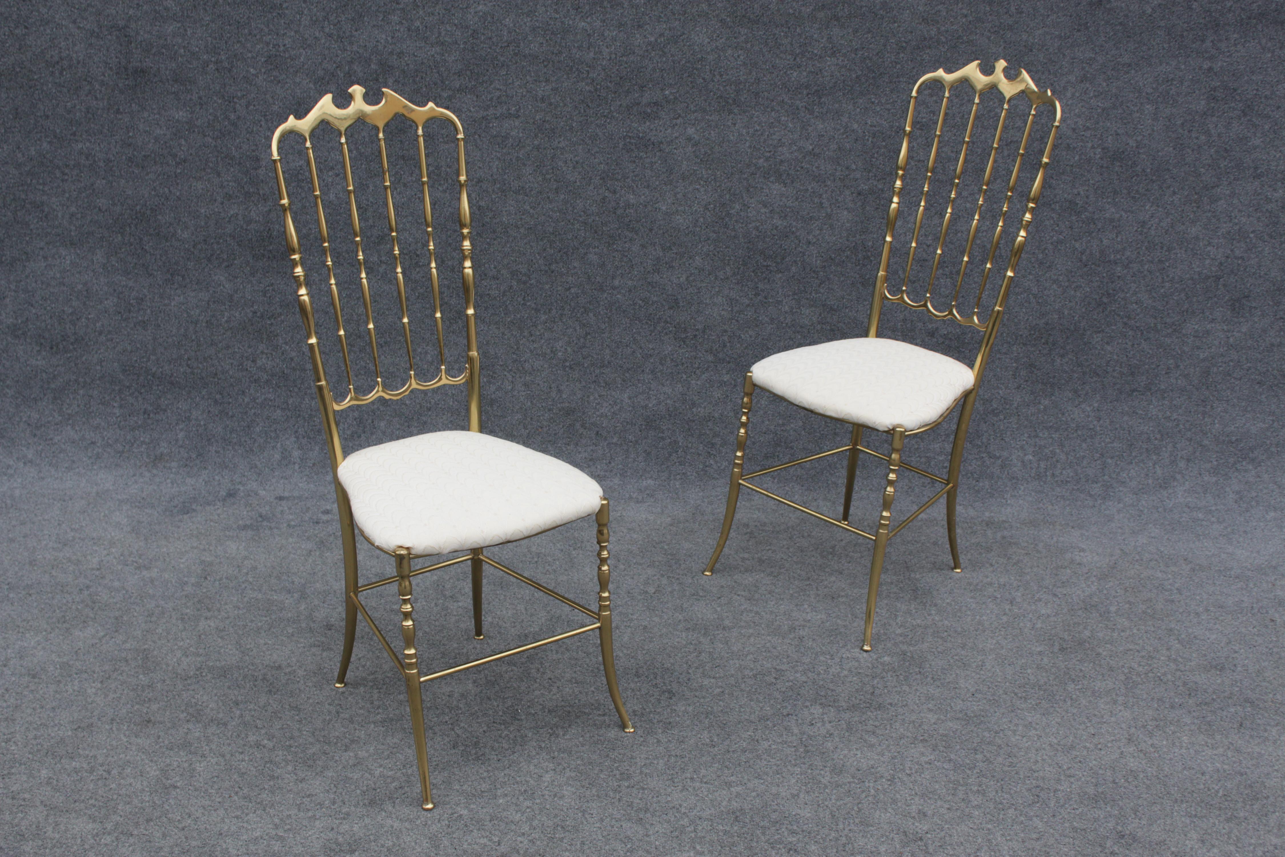 Pair of Solid Brass & White Upholstered Dining or Side Chairs by Chiavari Italy For Sale 5