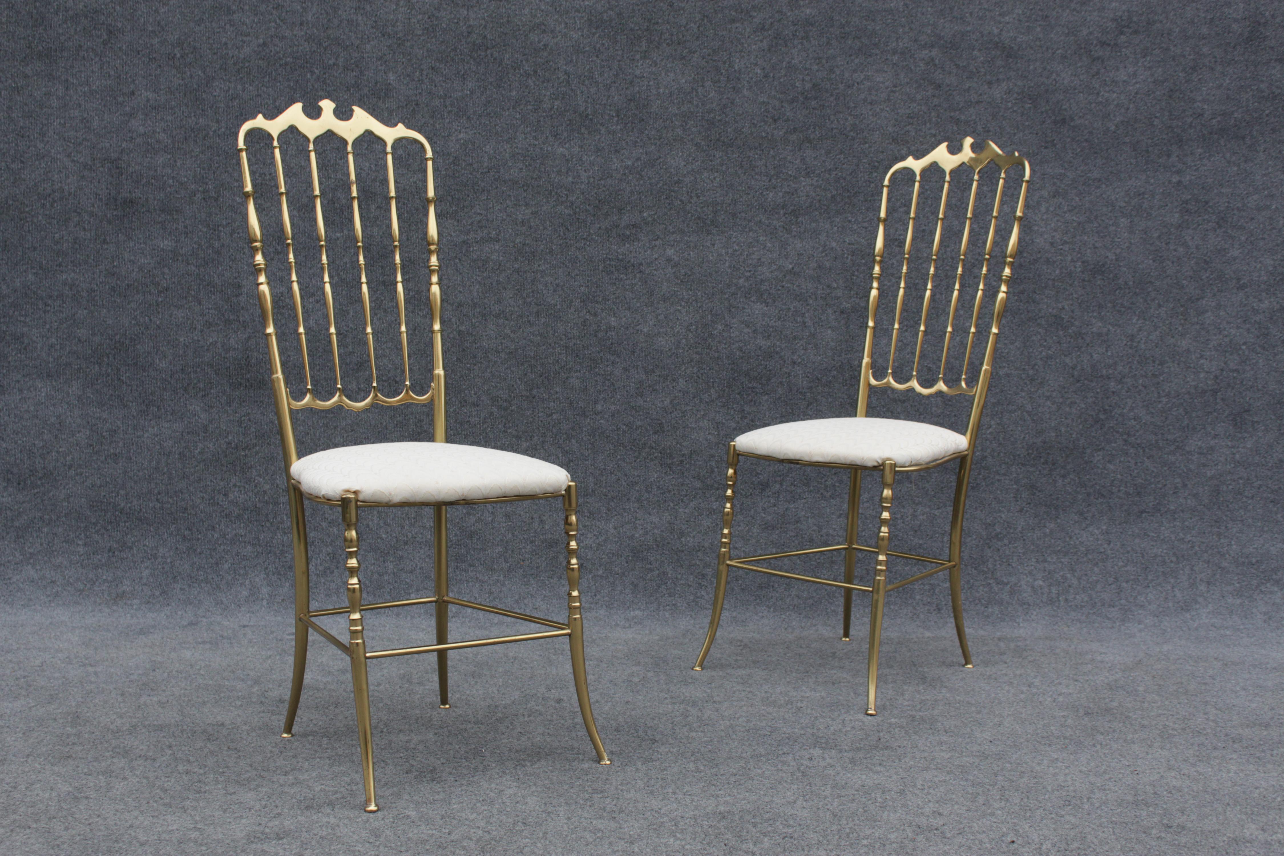 Pair of Solid Brass & White Upholstered Dining or Side Chairs by Chiavari Italy For Sale 6
