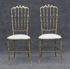 Pair of Solid Brass & White Upholstered Dining or Side Chairs by Chiavari Italy