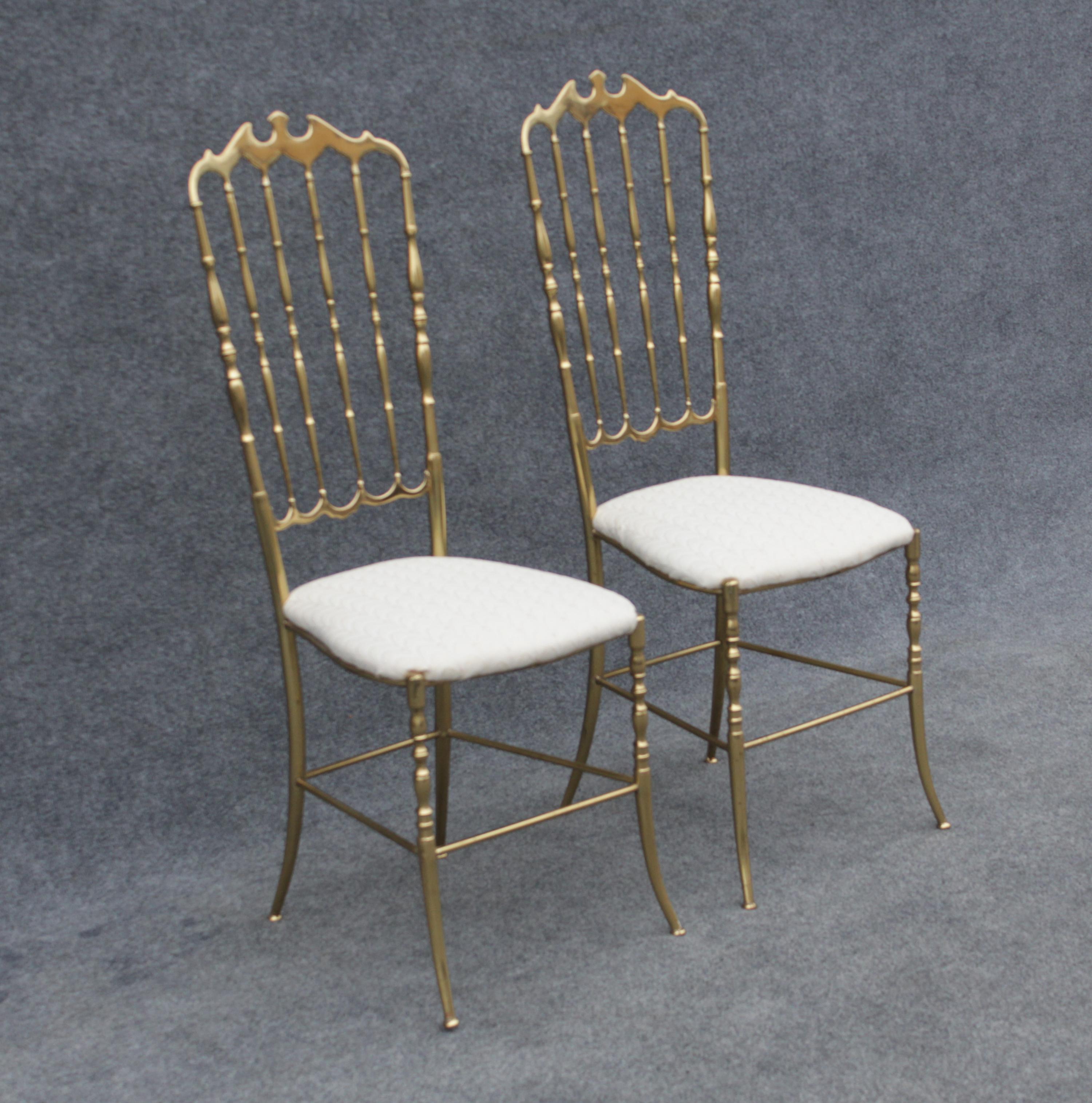 Italian Pair of Solid Brass & White Upholstered Dining or Side Chairs by Chiavari Italy For Sale