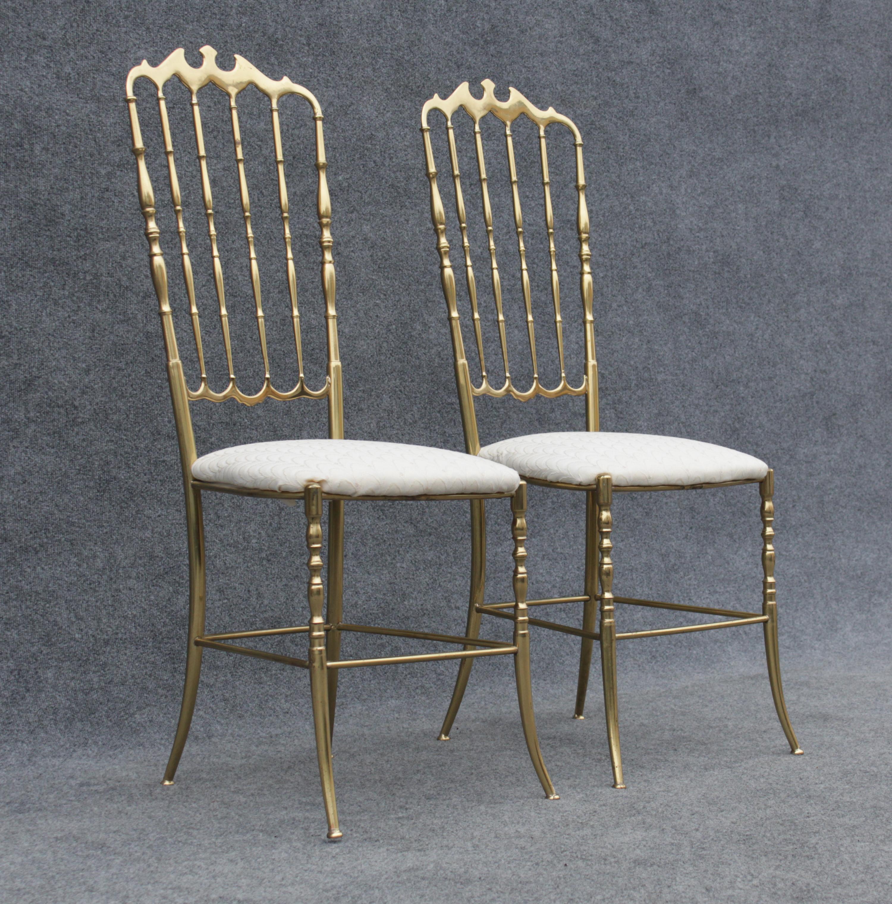 Mid-20th Century Pair of Solid Brass & White Upholstered Dining or Side Chairs by Chiavari Italy For Sale