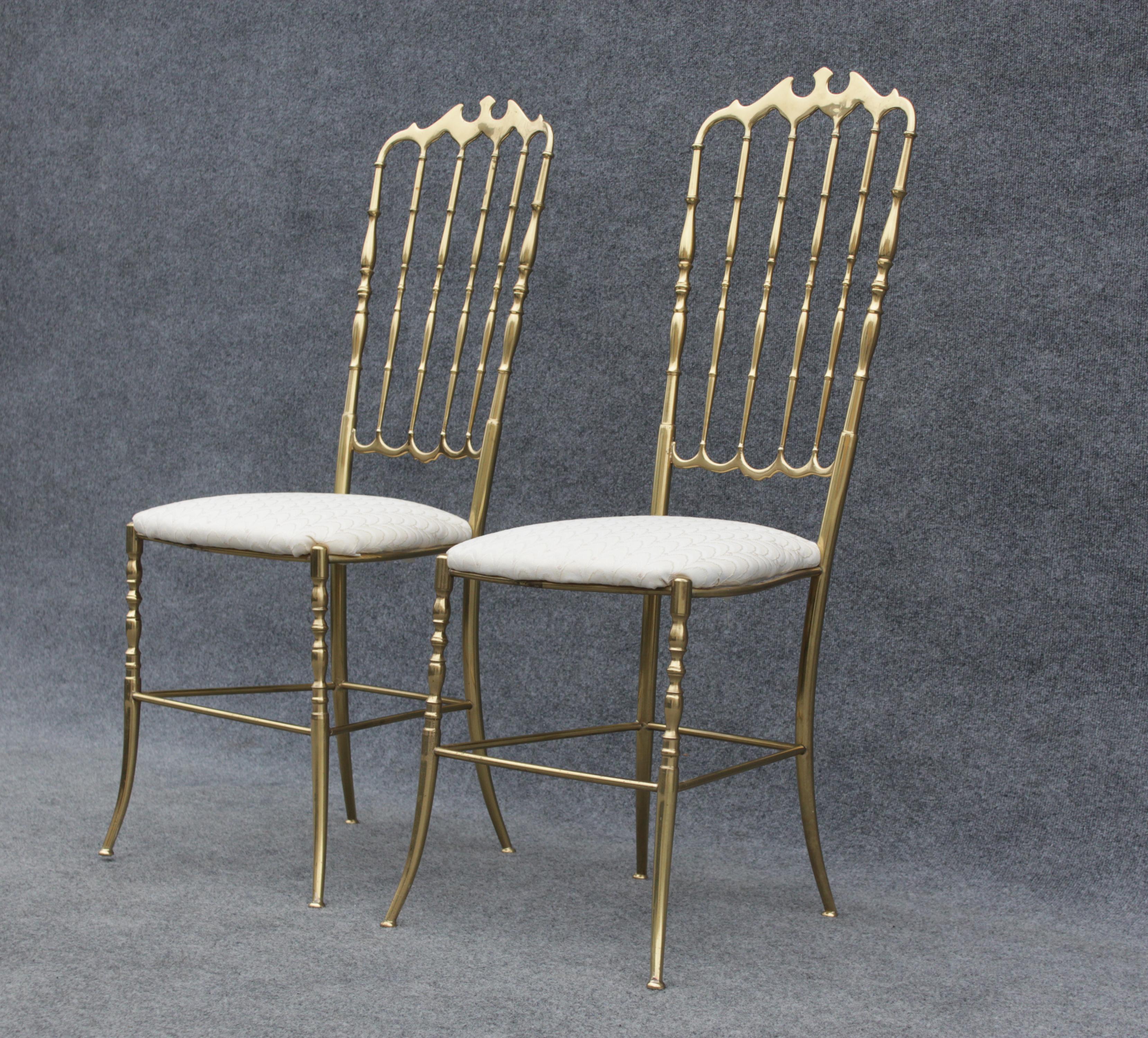 Pair of Solid Brass & White Upholstered Dining or Side Chairs by Chiavari Italy For Sale 1