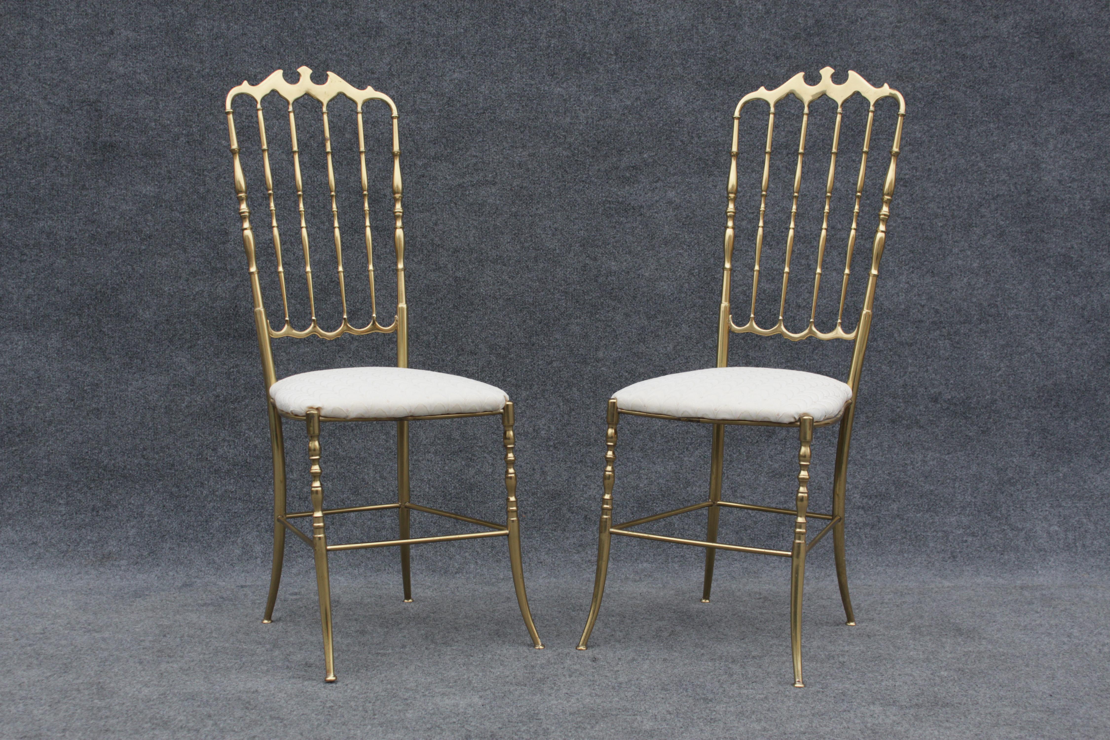 Pair of Solid Brass & White Upholstered Dining or Side Chairs by Chiavari Italy For Sale 2