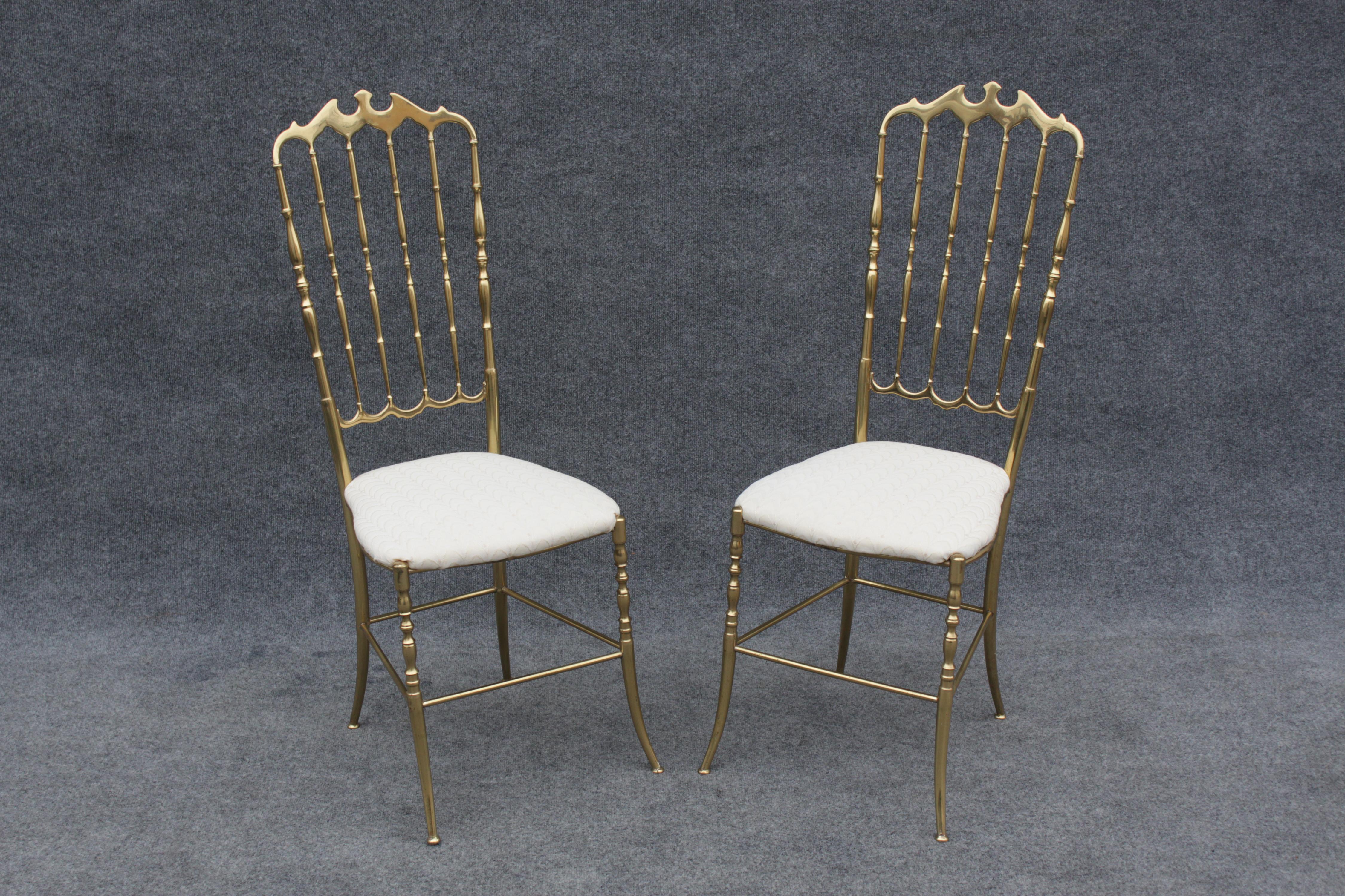 Pair of Solid Brass & White Upholstered Dining or Side Chairs by Chiavari Italy For Sale 2