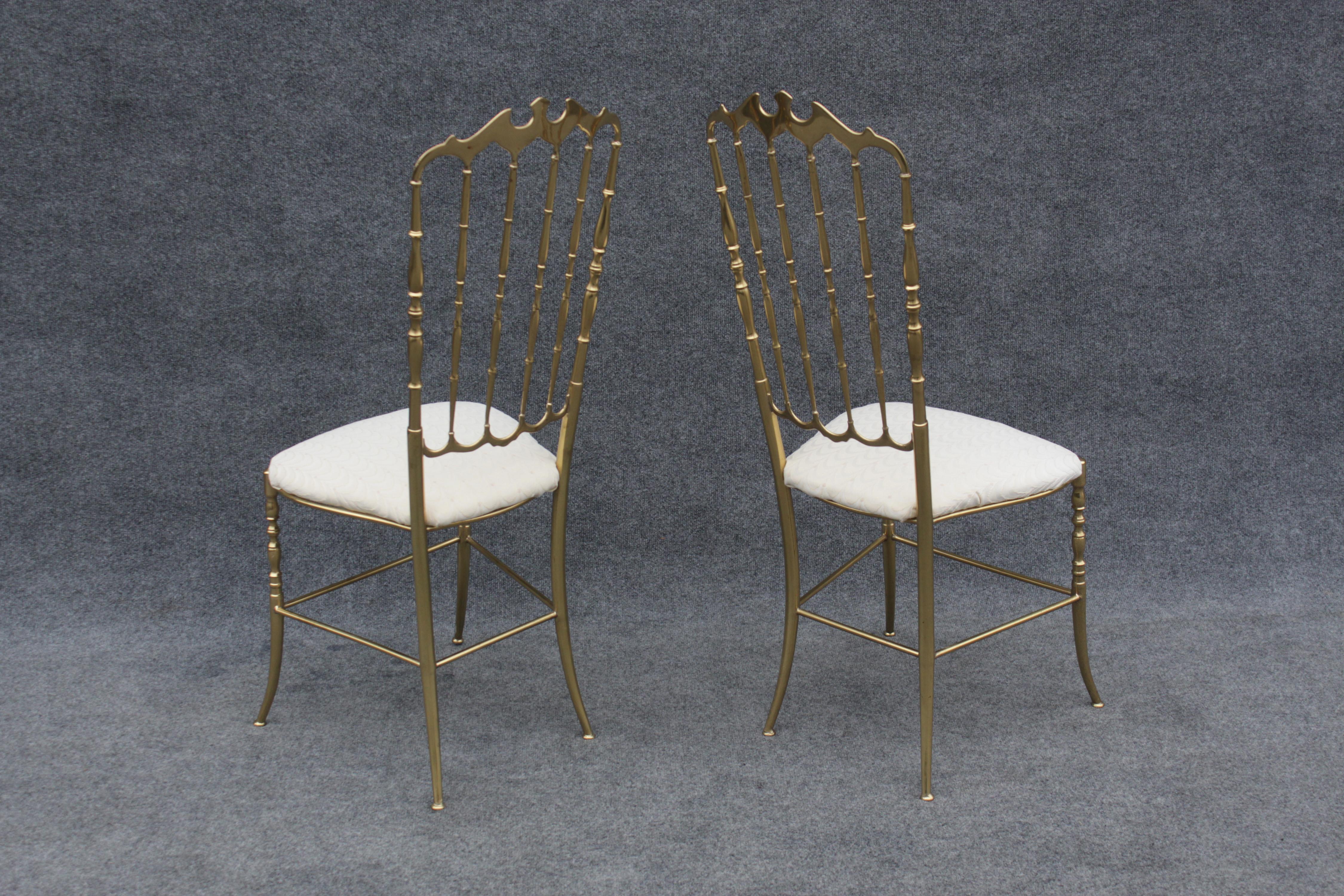Pair of Solid Brass & White Upholstered Dining or Side Chairs by Chiavari Italy For Sale 3