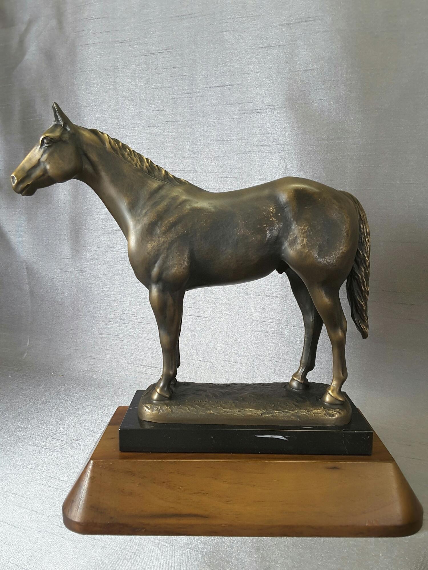 Pair of Solid Bronze American Quarter Horses on Marble and Walnut Bases 4